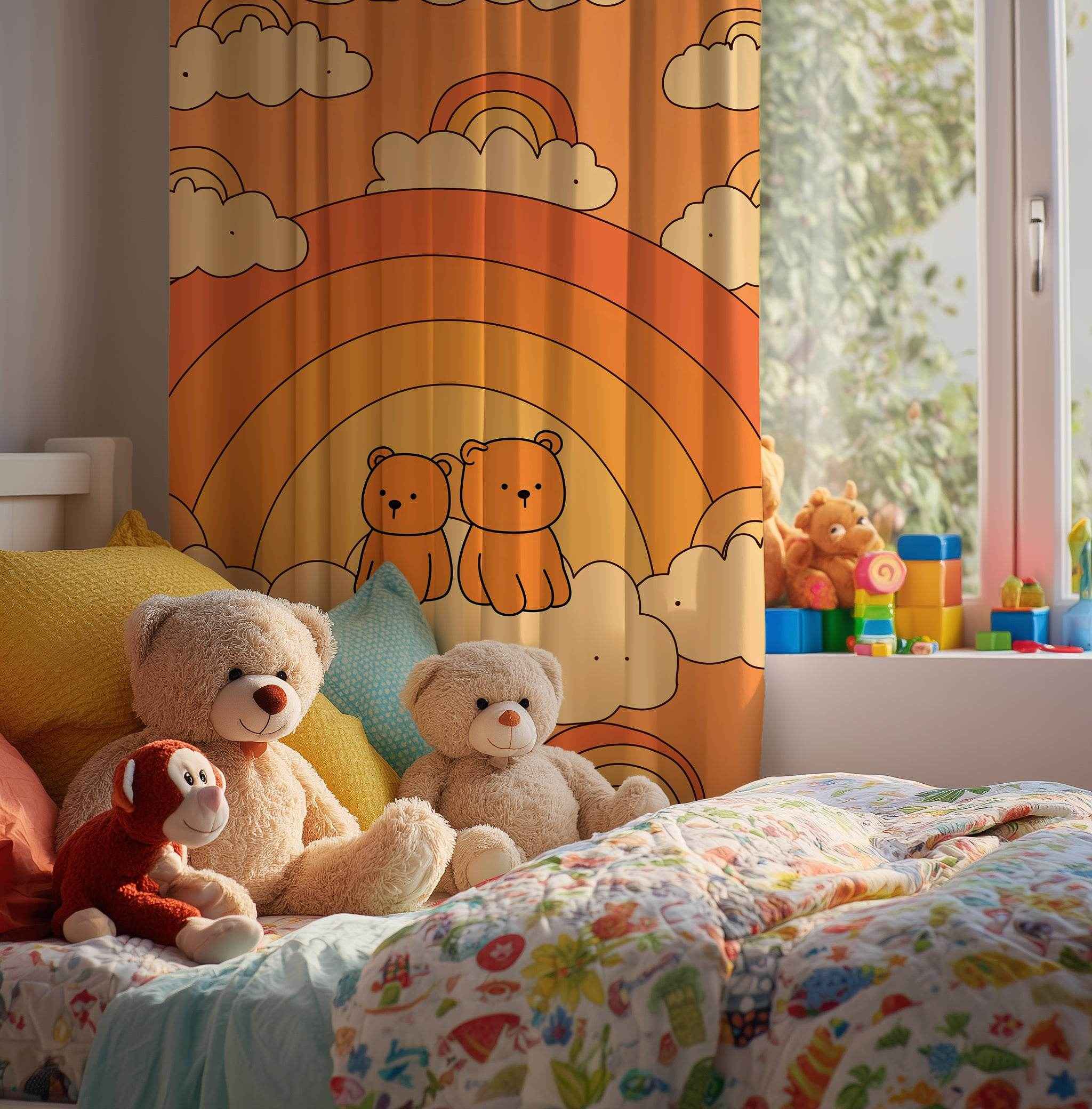 Cute Bear Rainbow Window Curtain, Child's Room Decor, Nursery Curtains, Playroom Drapes, Soft Pastel Home Accessories