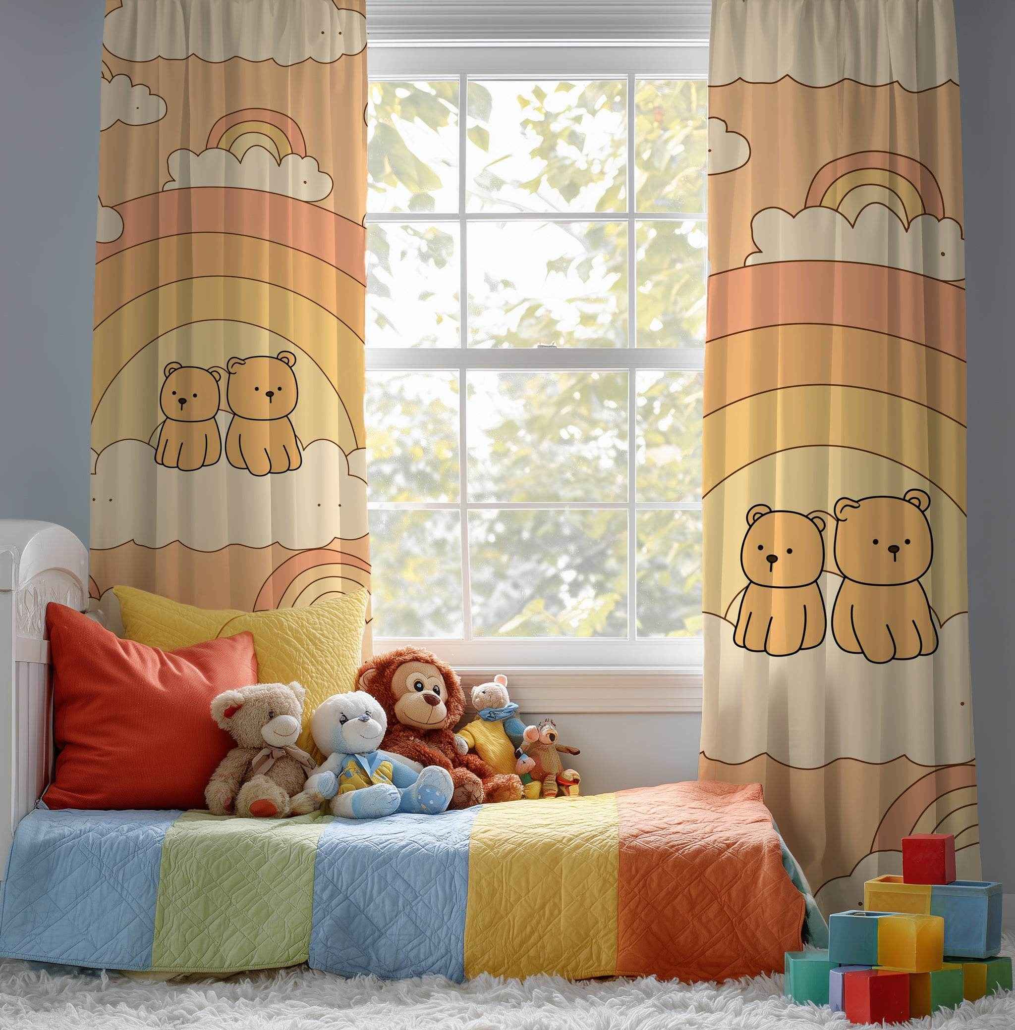 Cute Bear Rainbow Window Curtain, Child's Room Decor, Nursery Curtains, Playroom Drapes, Soft Pastel Home Accessories
