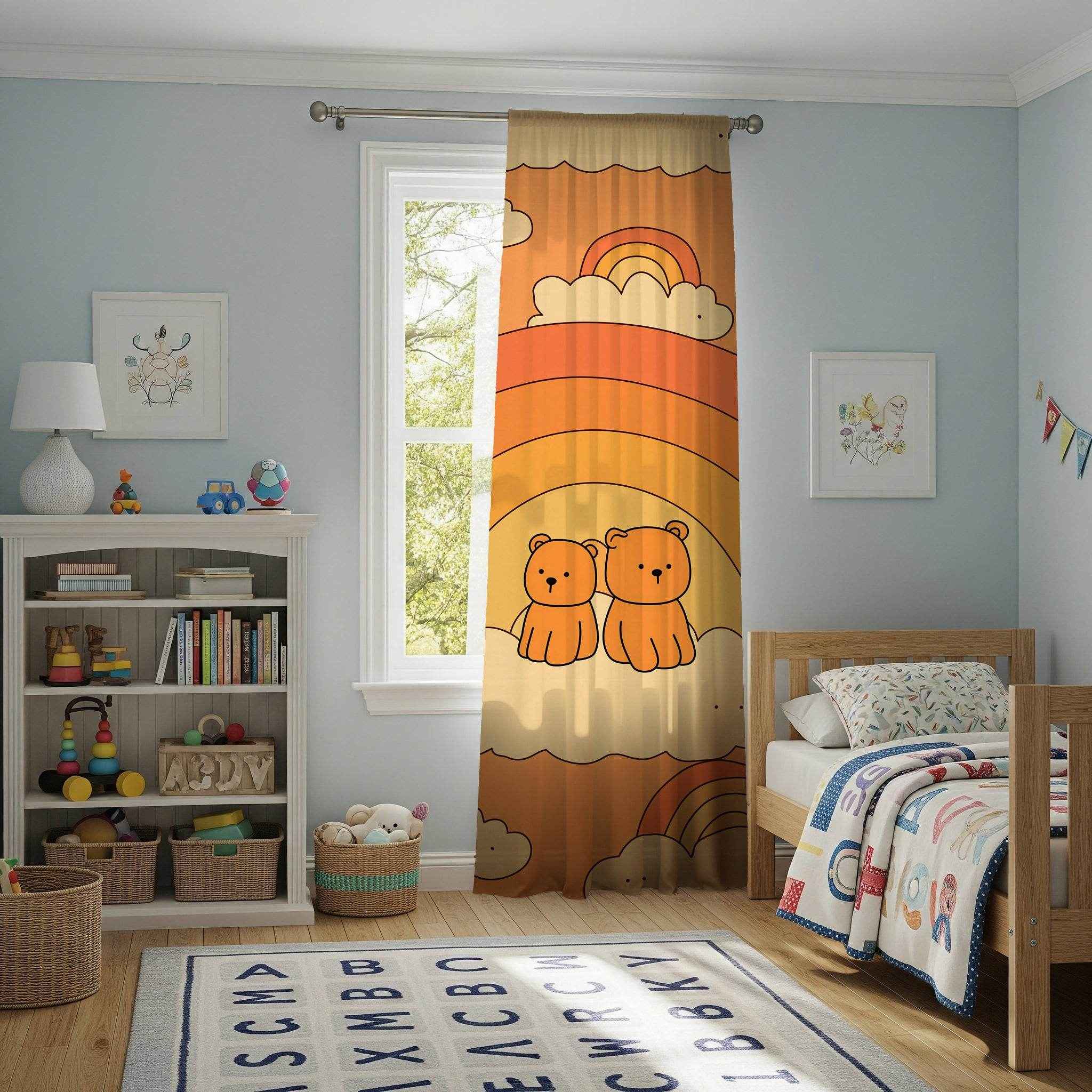 Cute Bear Rainbow Window Curtain, Child's Room Decor, Nursery Curtains, Playroom Drapes, Soft Pastel Home Accessories