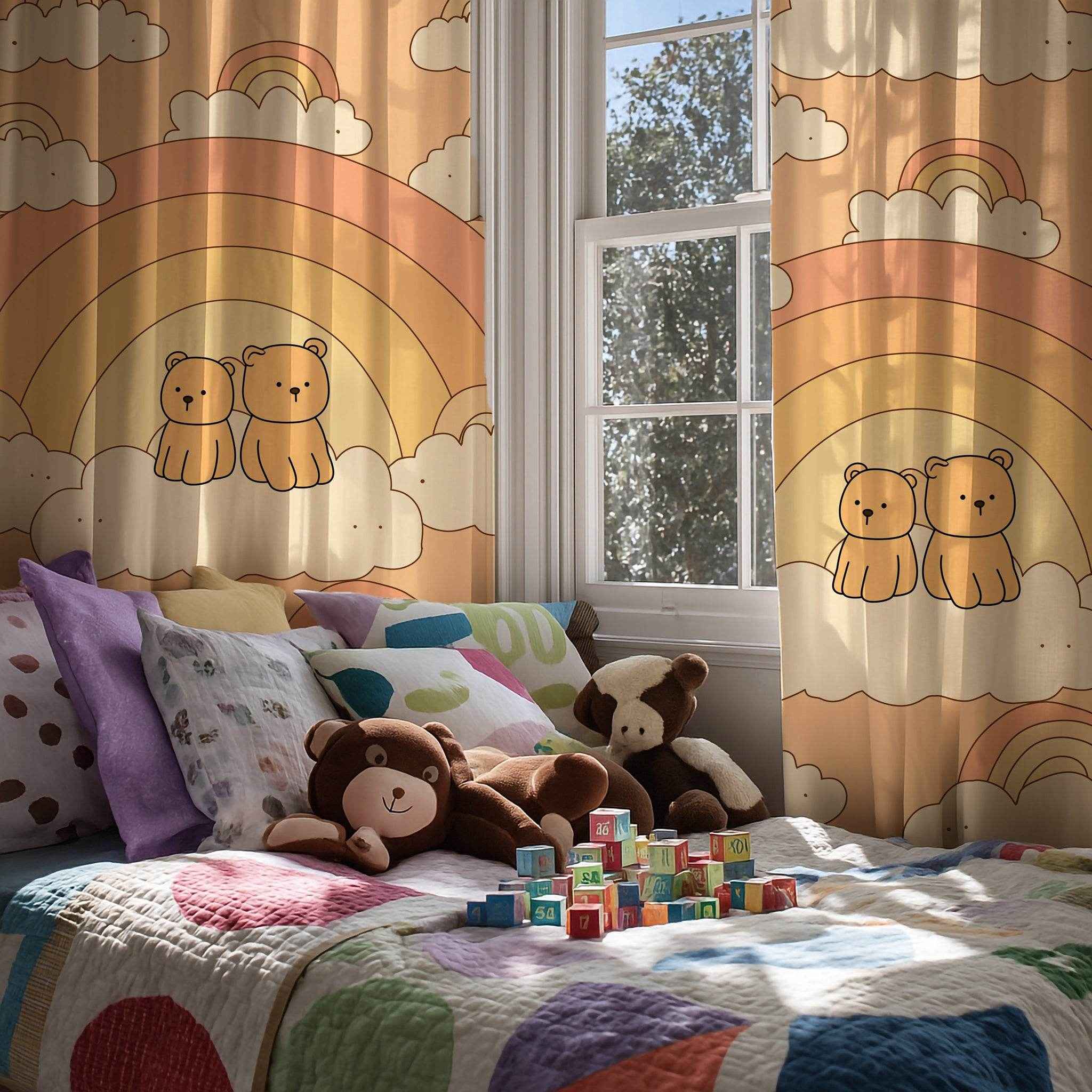 Cute Bear Rainbow Window Curtain, Child's Room Decor, Nursery Curtains, Playroom Drapes, Soft Pastel Home Accessories