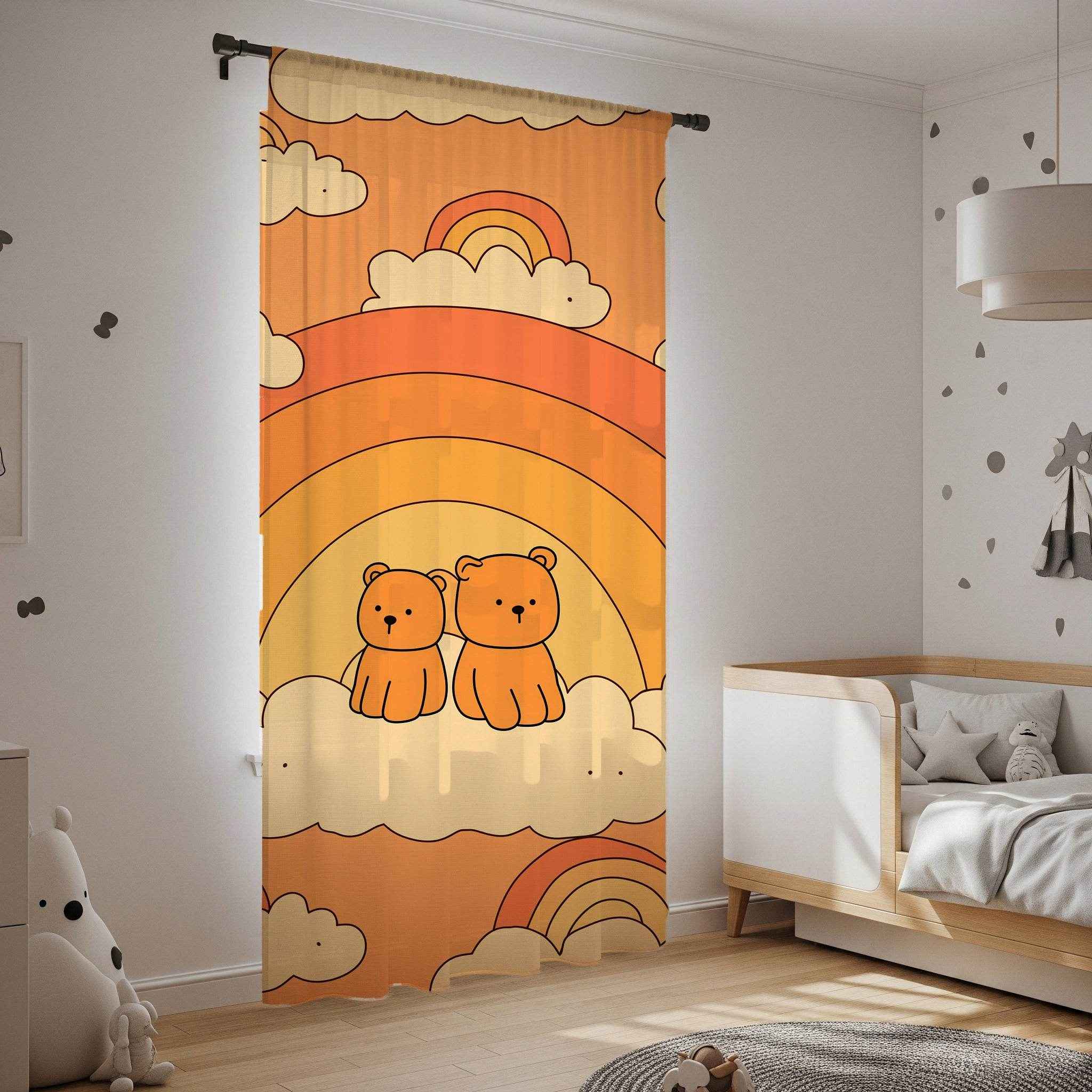 Cute Bear Rainbow Window Curtain, Child's Room Decor, Nursery Curtains, Playroom Drapes, Soft Pastel Home Accessories