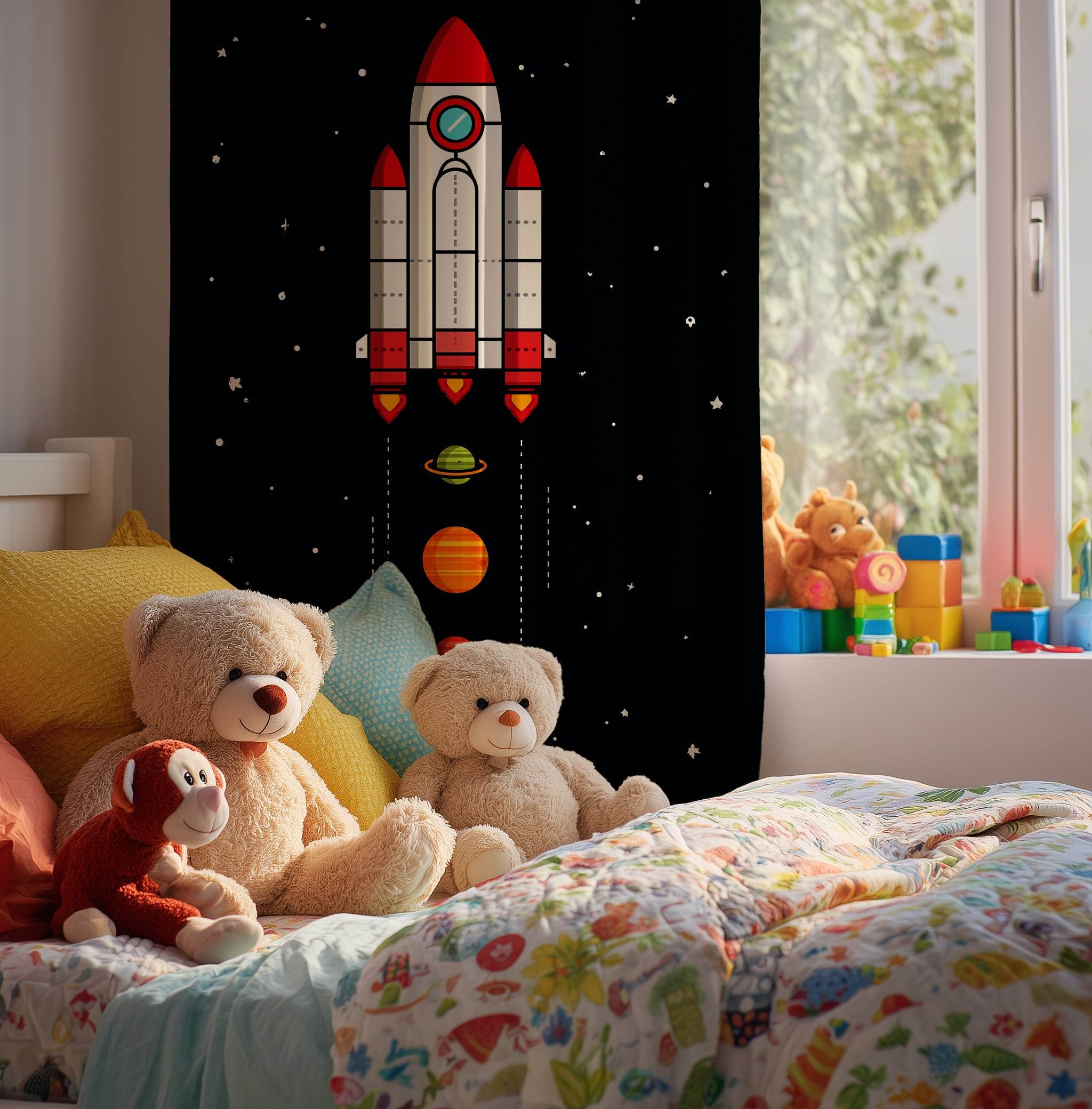 Rocket Ship Window Curtain, Space Theme Drapes, Kids Room Decor, Playroom Curtains, NASA Inspired Home Accessories - Home Decor -
