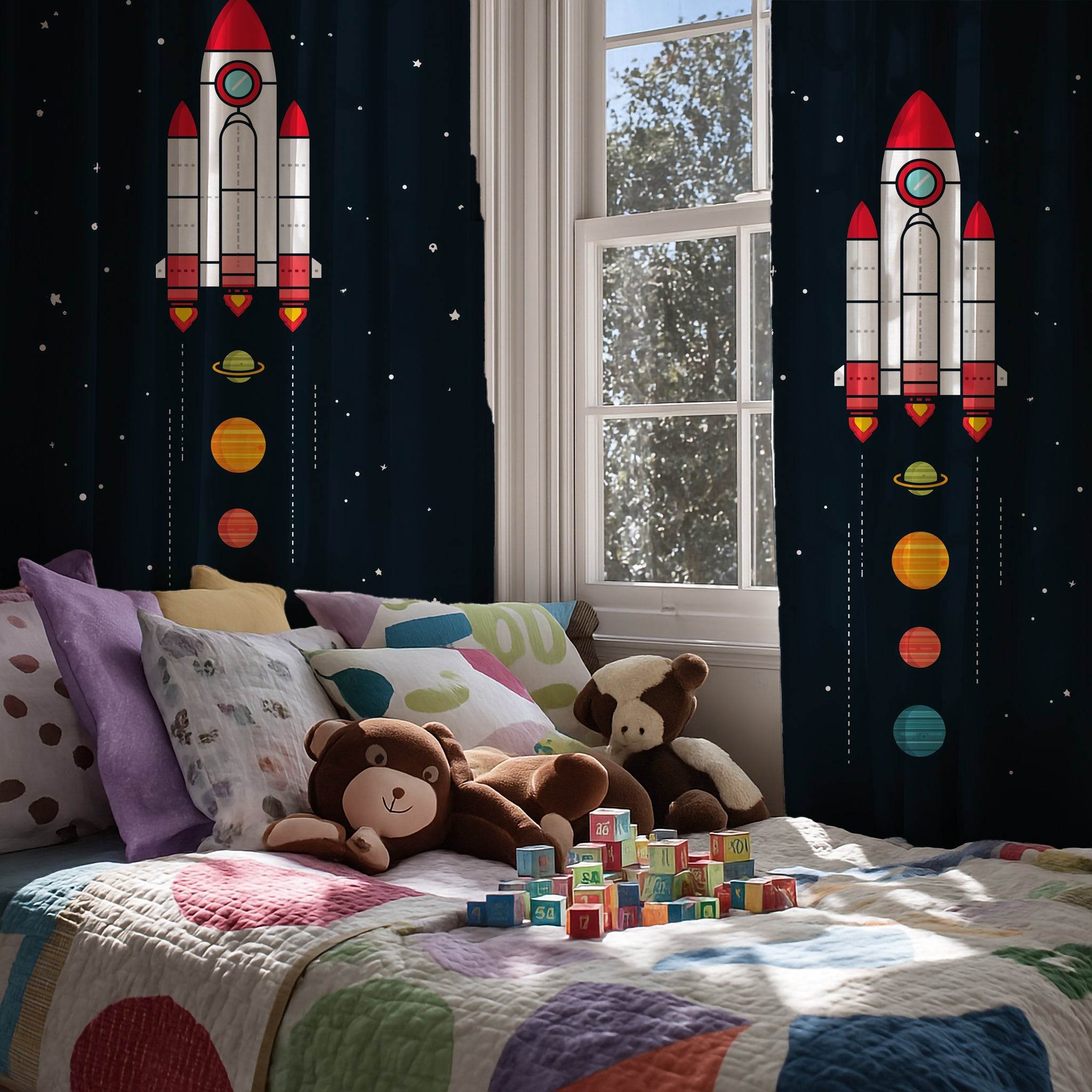 Rocket Ship Window Curtain, Space Theme Drapes, Kids Room Decor, Playroom Curtains, NASA Inspired Home Accessories - Home Decor -