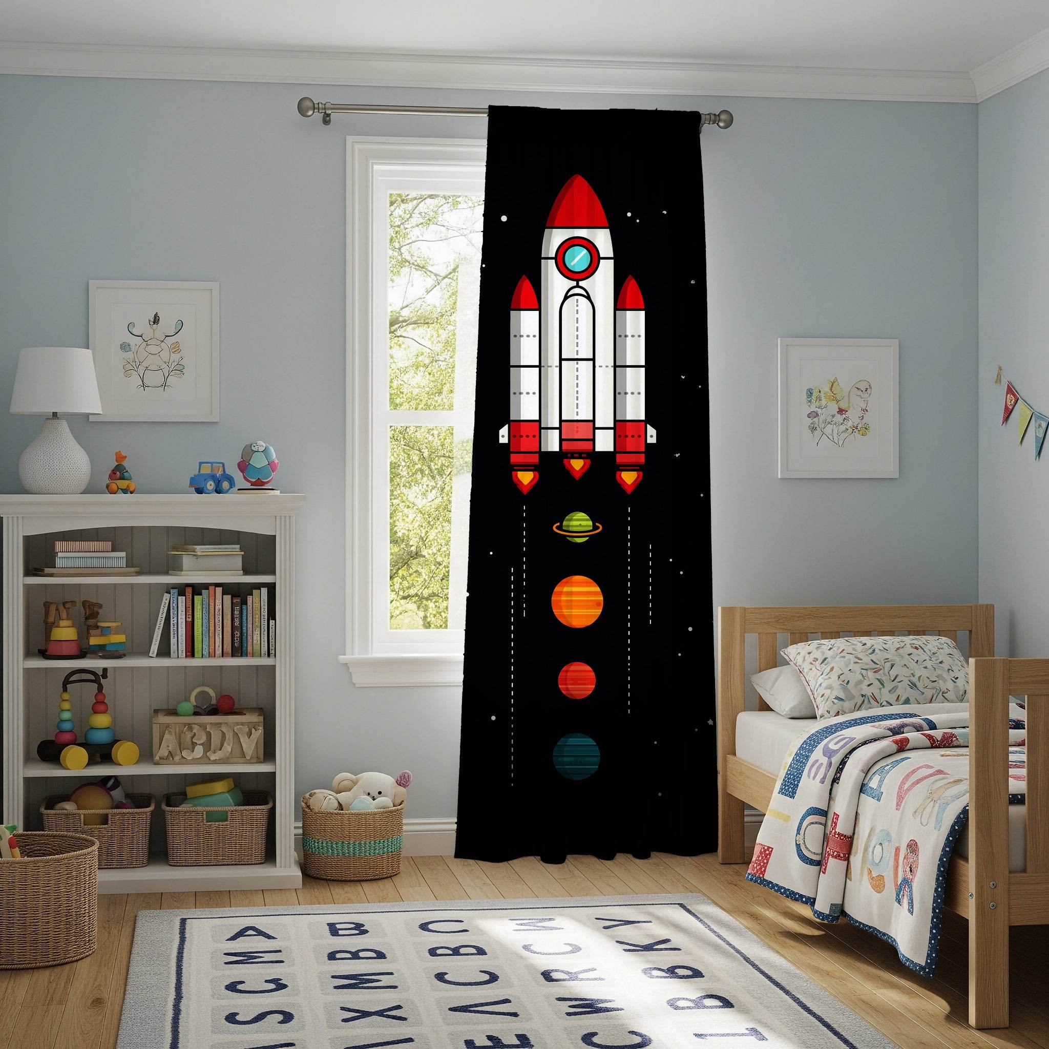 Rocket Ship Window Curtain, Space Theme Drapes, Kids Room Decor, Playroom Curtains, NASA Inspired Home Accessories - Home Decor -