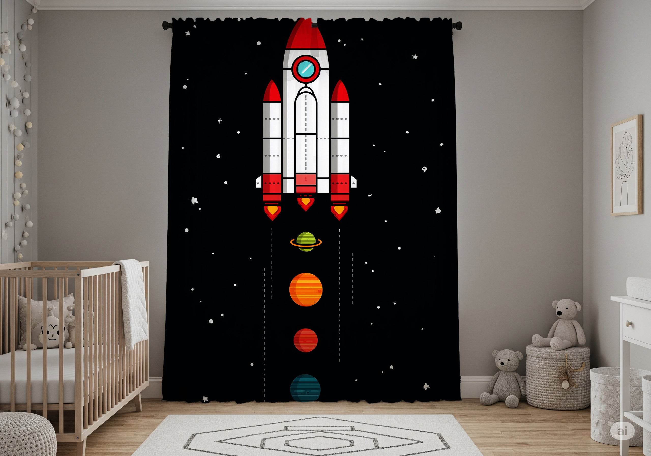 Rocket Ship Window Curtain, Space Theme Drapes, Kids Room Decor, Playroom Curtains, NASA Inspired Home Accessories - Home Decor -