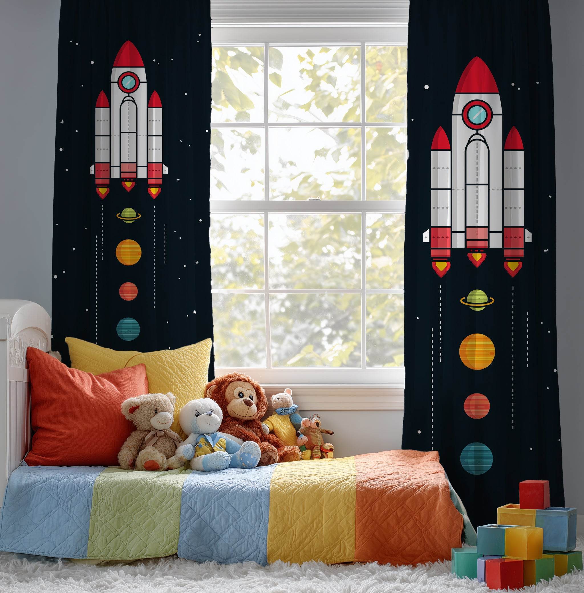 Rocket Ship Window Curtain, Space Theme Drapes, Kids Room Decor, Playroom Curtains, NASA Inspired Home Accessories - Home Decor -