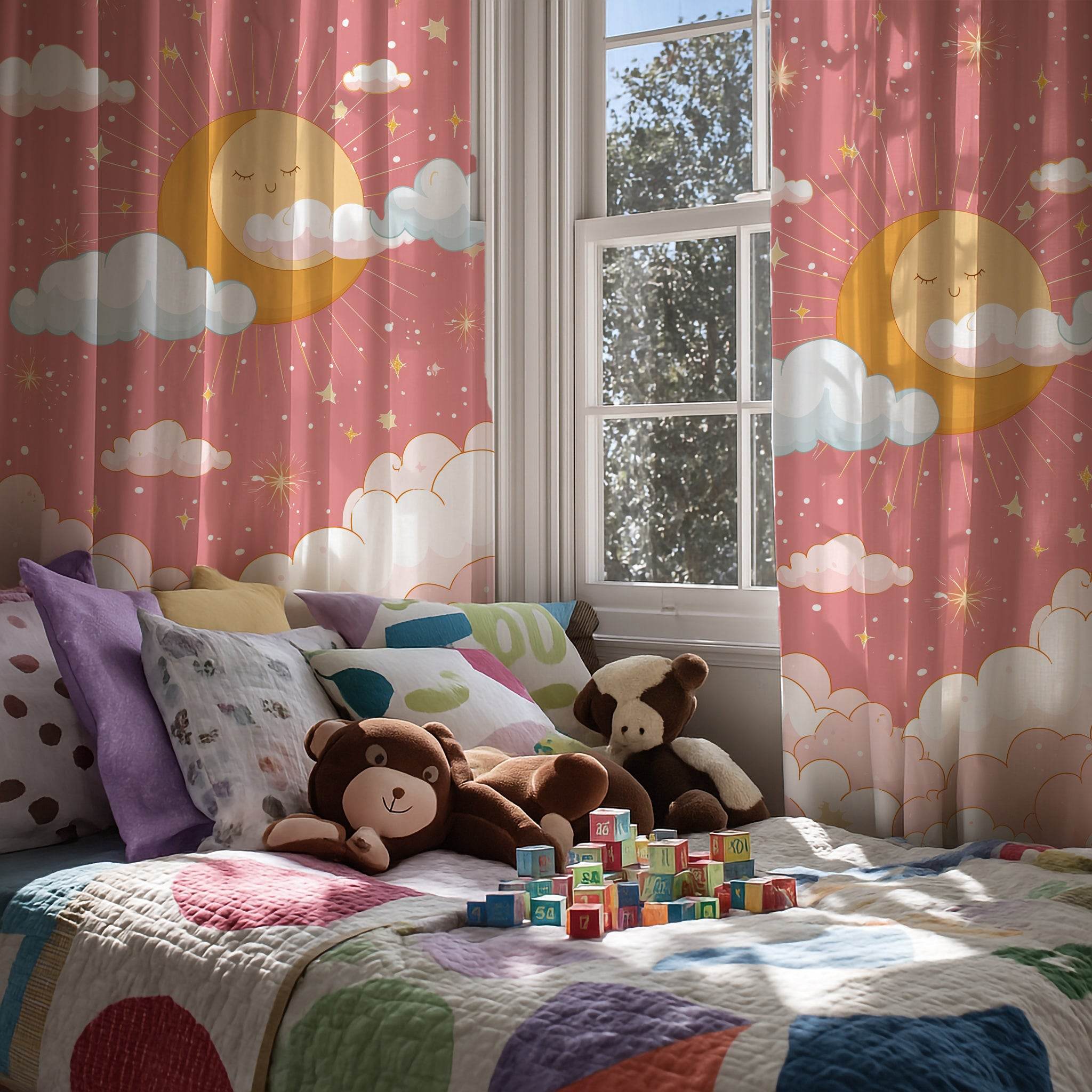 Whimsical Sun and Clouds Window Curtain, Nursery Decor, Kids Room, Playroom, Home Decor, Bright and Cheerful - Home Decor -