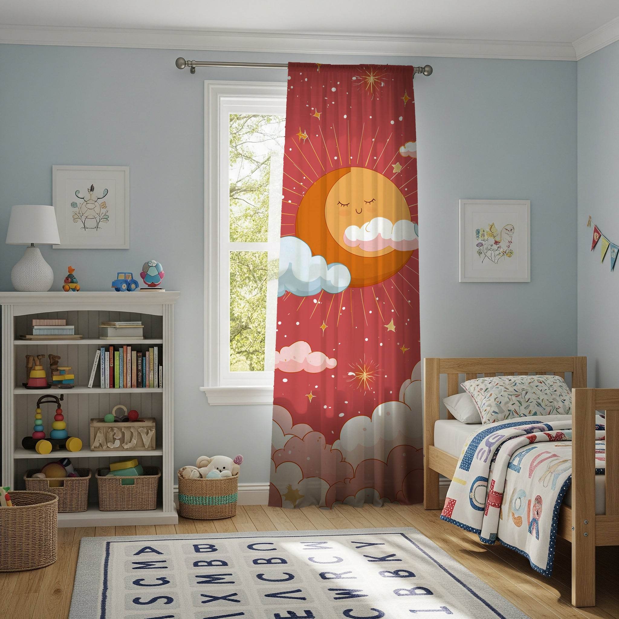Whimsical Sun and Clouds Window Curtain, Nursery Decor, Kids Room, Playroom, Home Decor, Bright and Cheerful - Home Decor -
