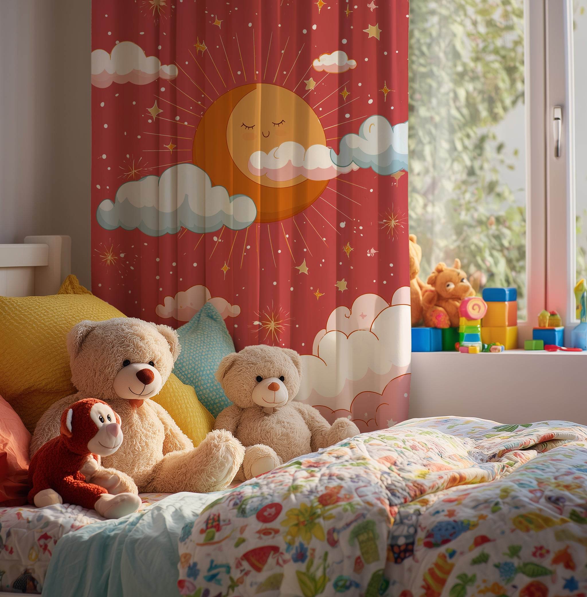 Whimsical Sun and Clouds Window Curtain, Nursery Decor, Kids Room, Playroom, Home Decor, Bright and Cheerful - Home Decor -
