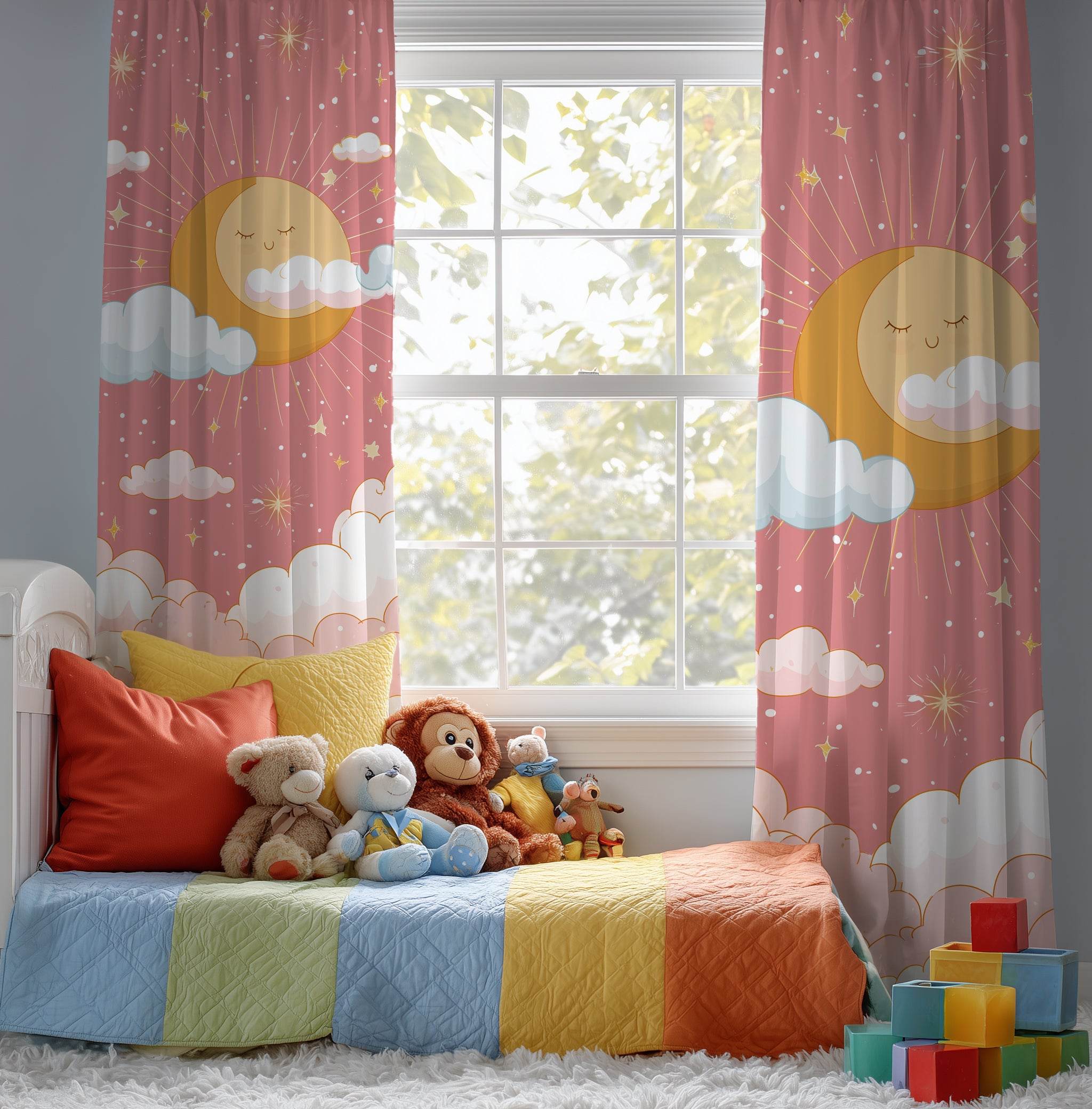 Whimsical Sun and Clouds Window Curtain, Nursery Decor, Kids Room, Playroom, Home Decor, Bright and Cheerful - Home Decor -