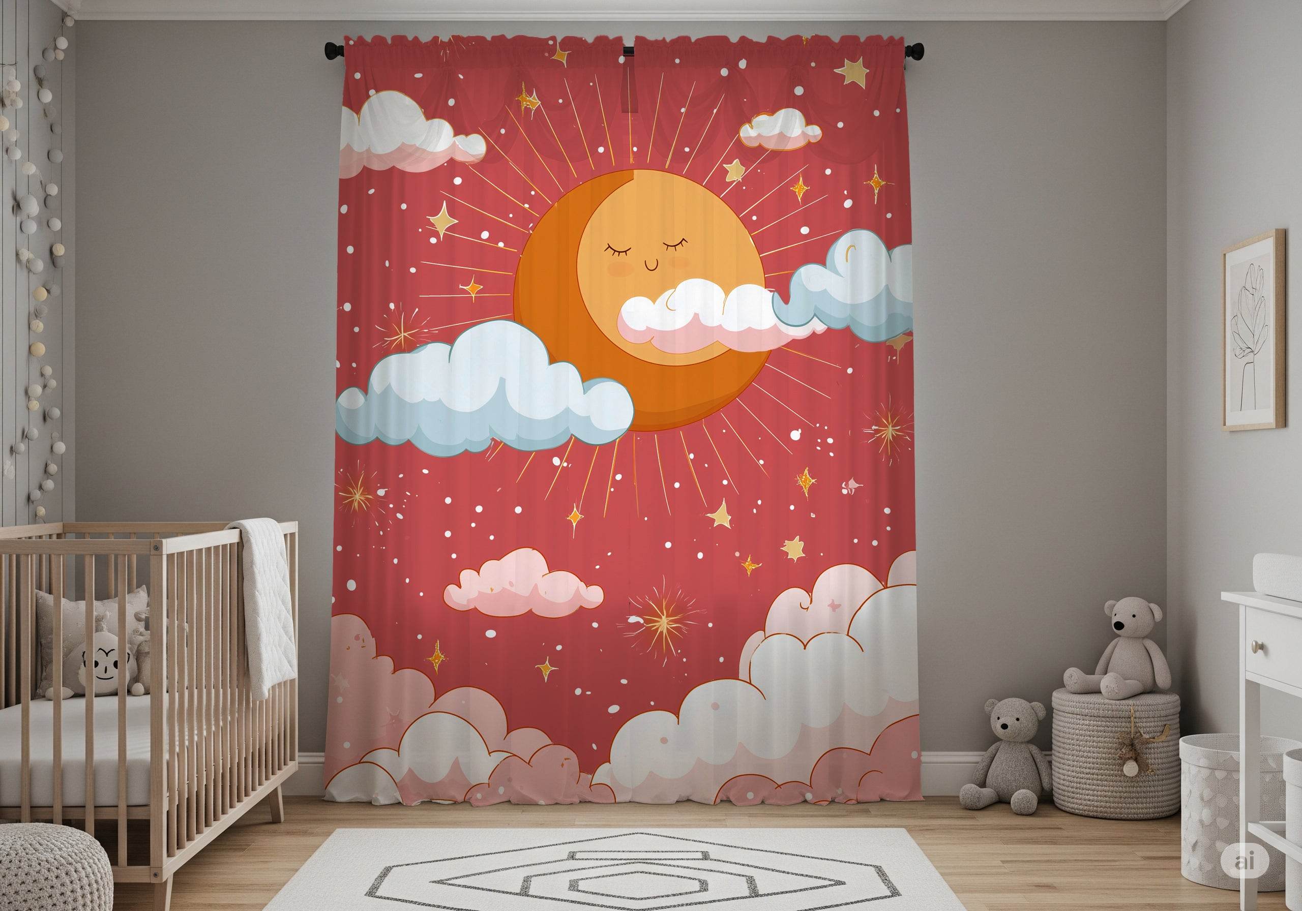Whimsical Sun and Clouds Window Curtain, Nursery Decor, Kids Room, Playroom, Home Decor, Bright and Cheerful - Home Decor -