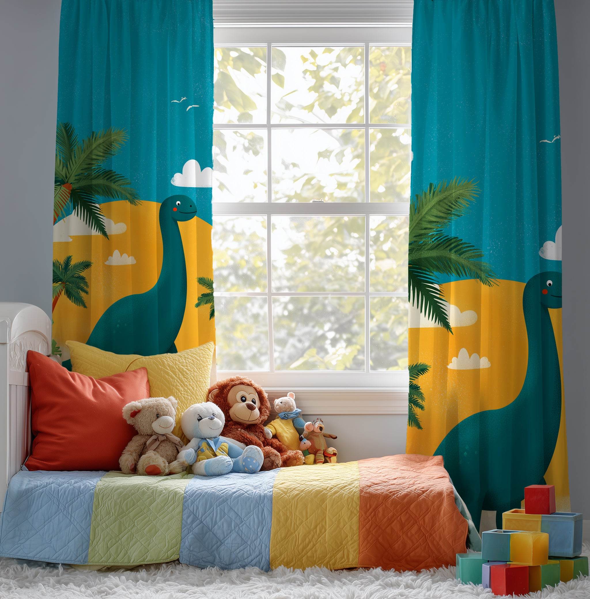 Dinosaur-Inspired Window Curtain, Kids Room Decor, Nursery Drapes, Playroom Curtains, Fun Home Accessories - Home Decor -