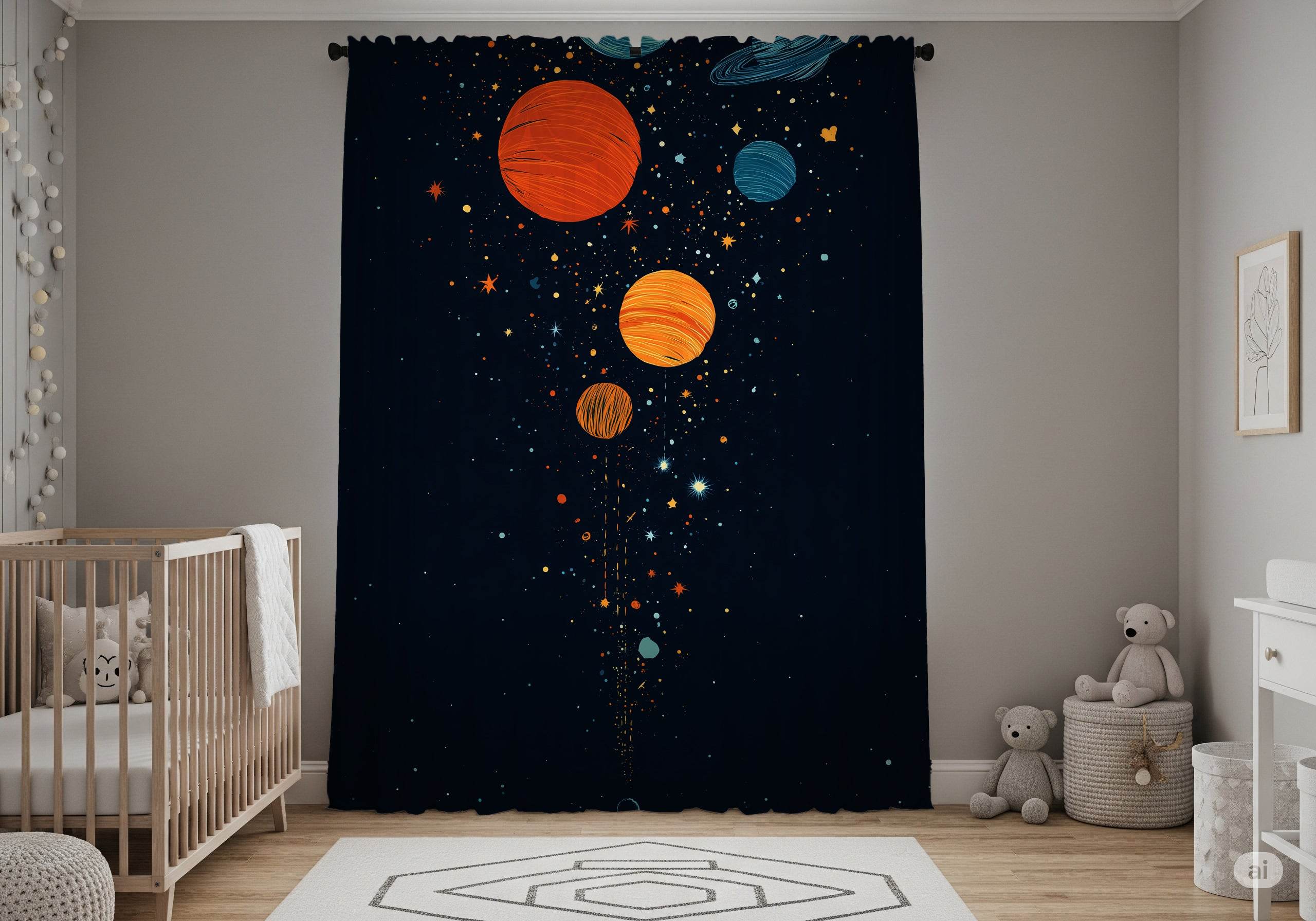 Celestial Window Curtain, Planetary Decor, Kids Room Curtains, Space Themed Window Treatment, Celestial Home Accessories - Home Decor -