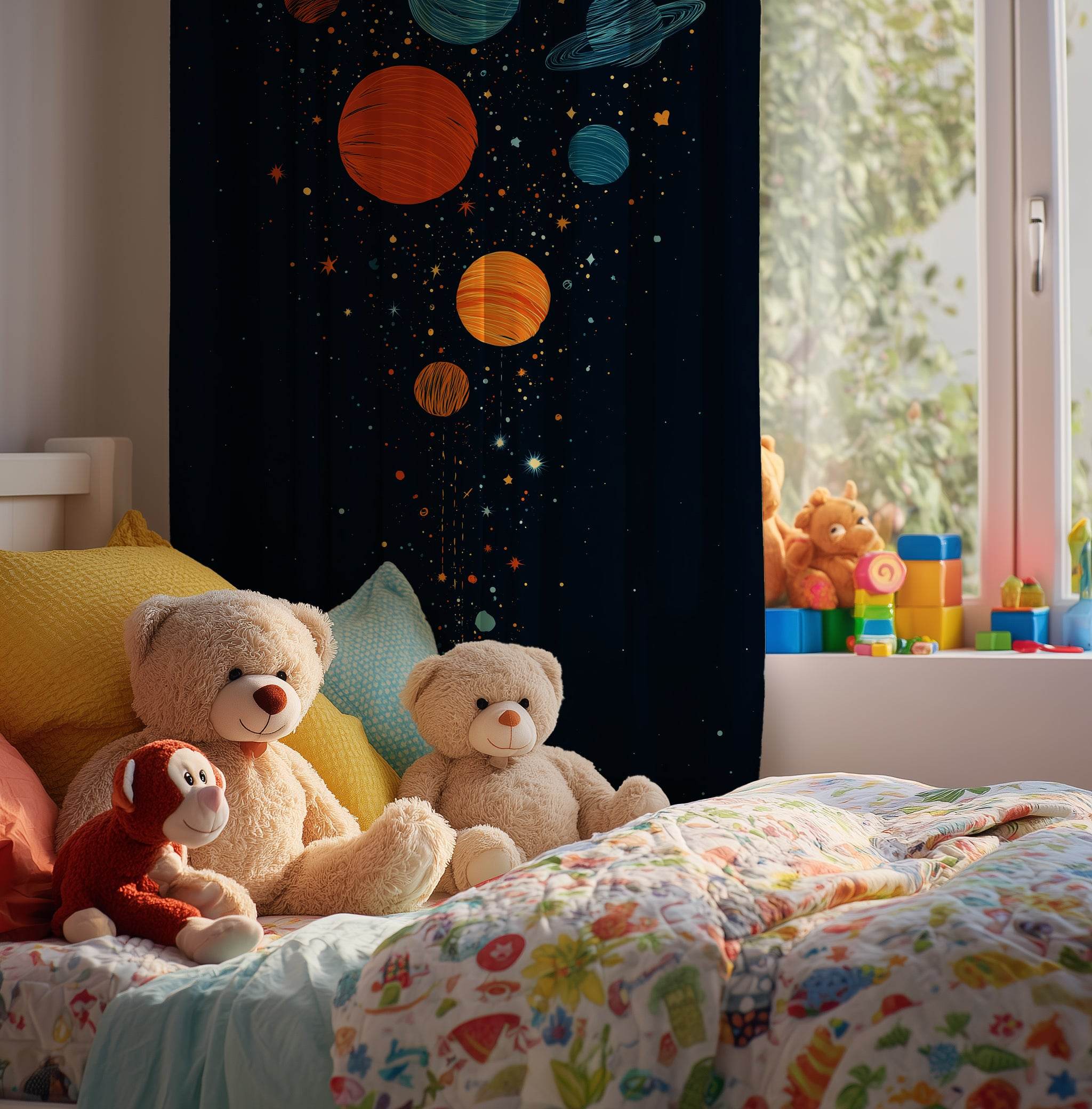 Celestial Window Curtain, Planetary Decor, Kids Room Curtains, Space Themed Window Treatment, Celestial Home Accessories - Home Decor -
