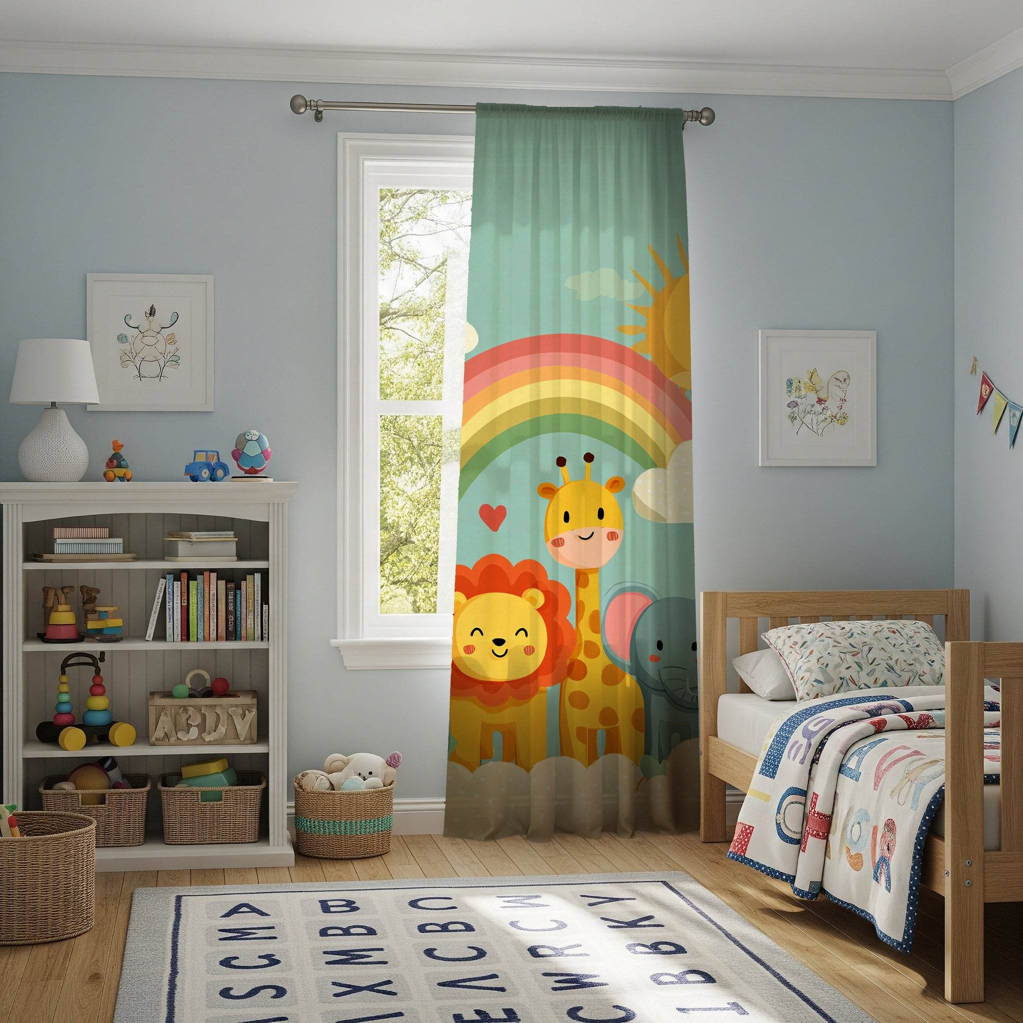 Playful Animal Window Curtain, Kid's Room Decor, Nursery Curtains, Rainbow Theme Drapes, Children's Bedroom Accessories - Home Decor -