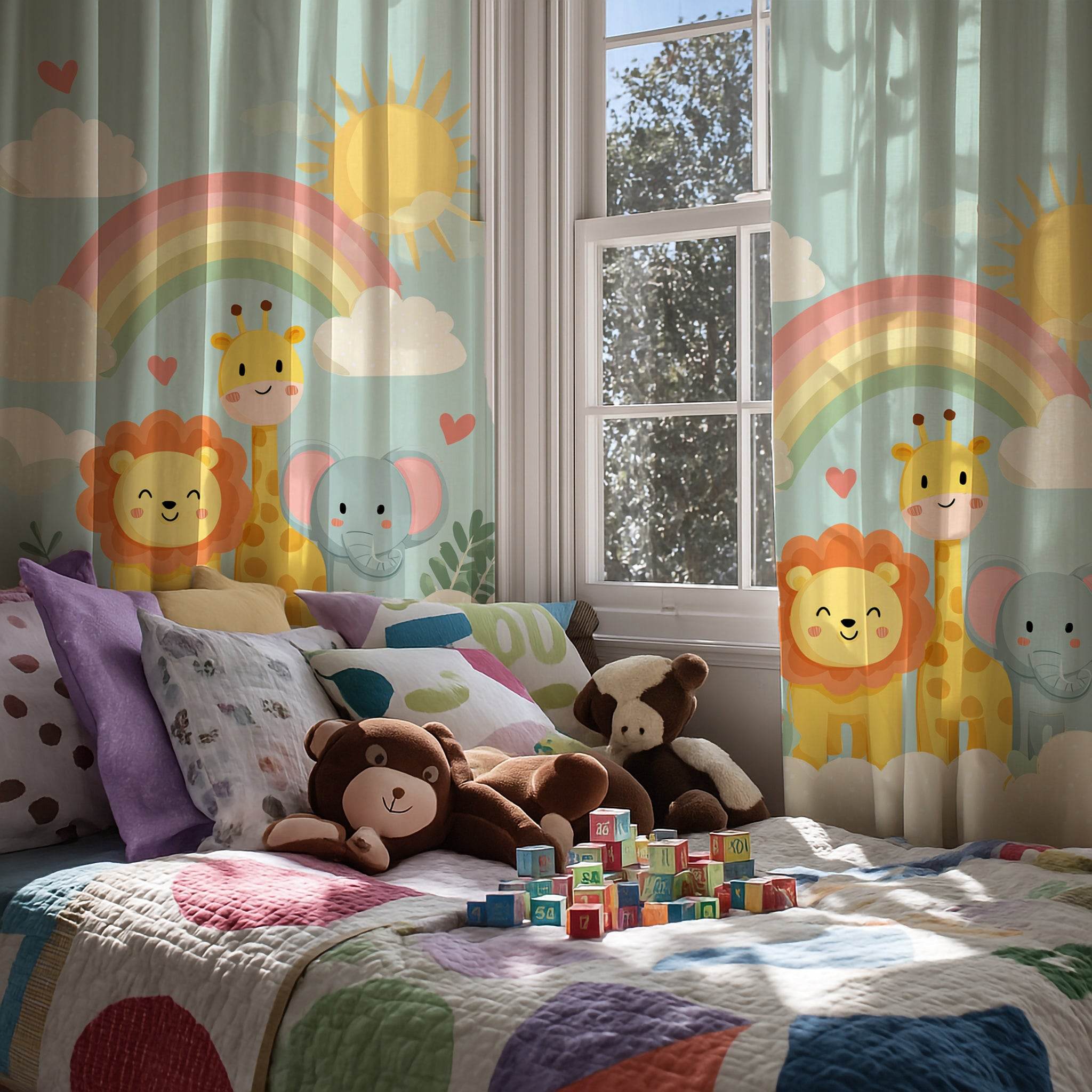 Playful Animal Window Curtain, Kid's Room Decor, Nursery Curtains, Rainbow Theme Drapes, Children's Bedroom Accessories - Home Decor -