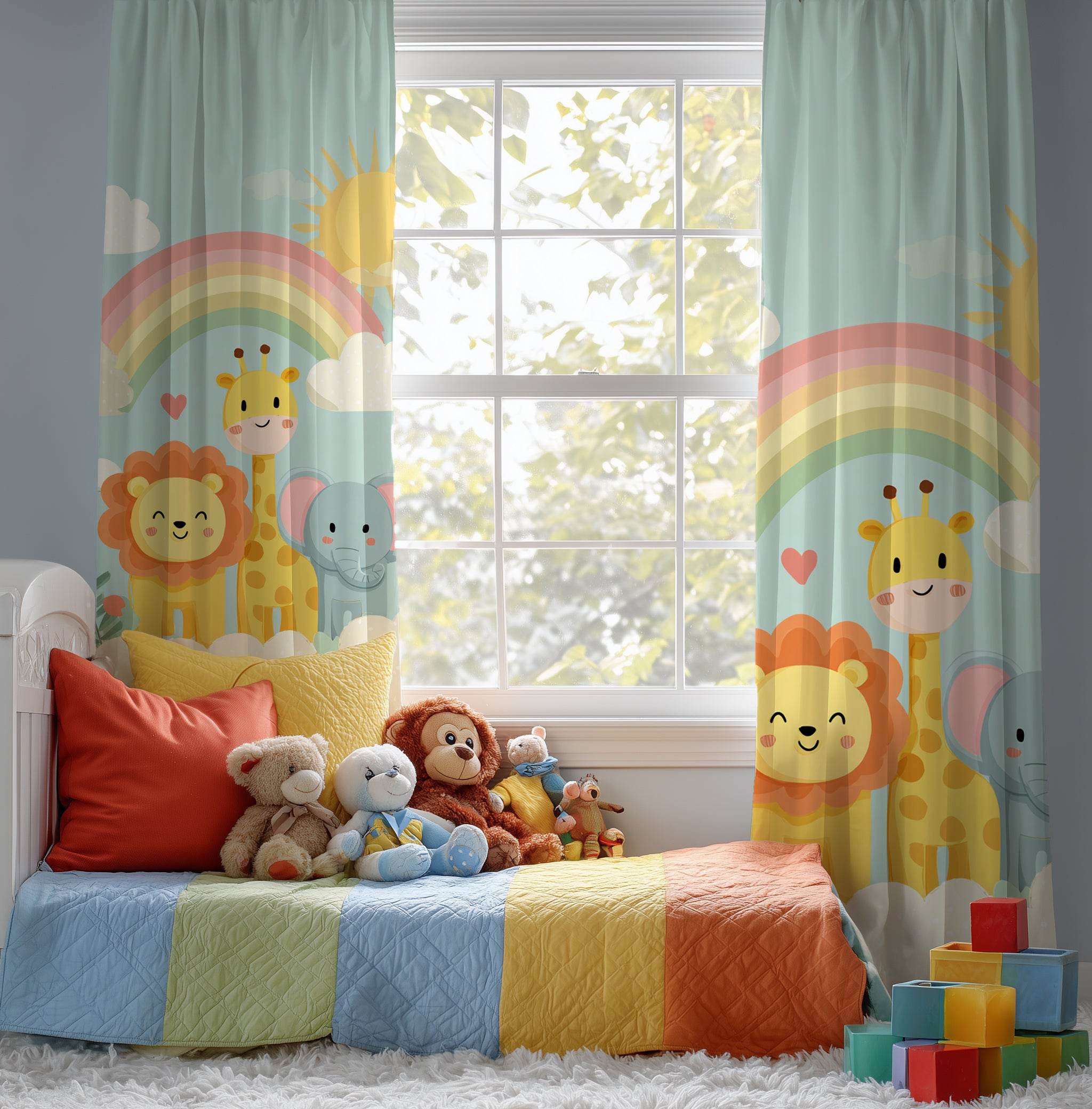 Playful Animal Window Curtain, Kid's Room Decor, Nursery Curtains, Rainbow Theme Drapes, Children's Bedroom Accessories - Home Decor -