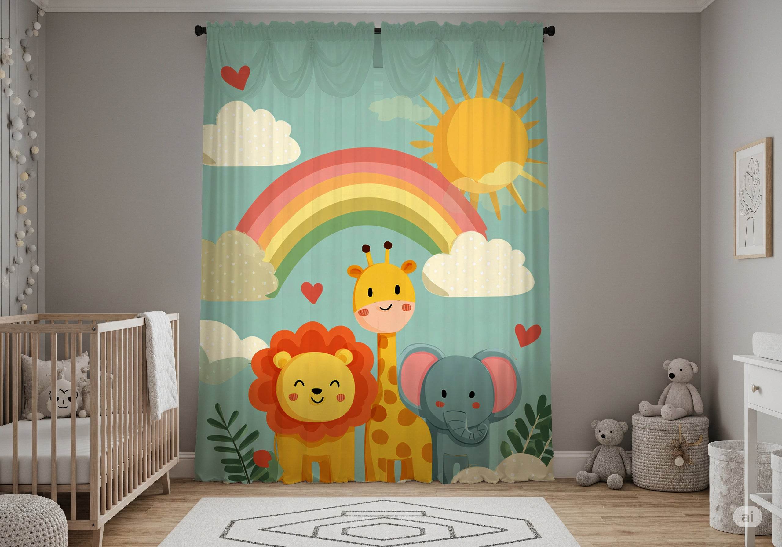 Playful Animal Window Curtain, Kid's Room Decor, Nursery Curtains, Rainbow Theme Drapes, Children's Bedroom Accessories - Home Decor -