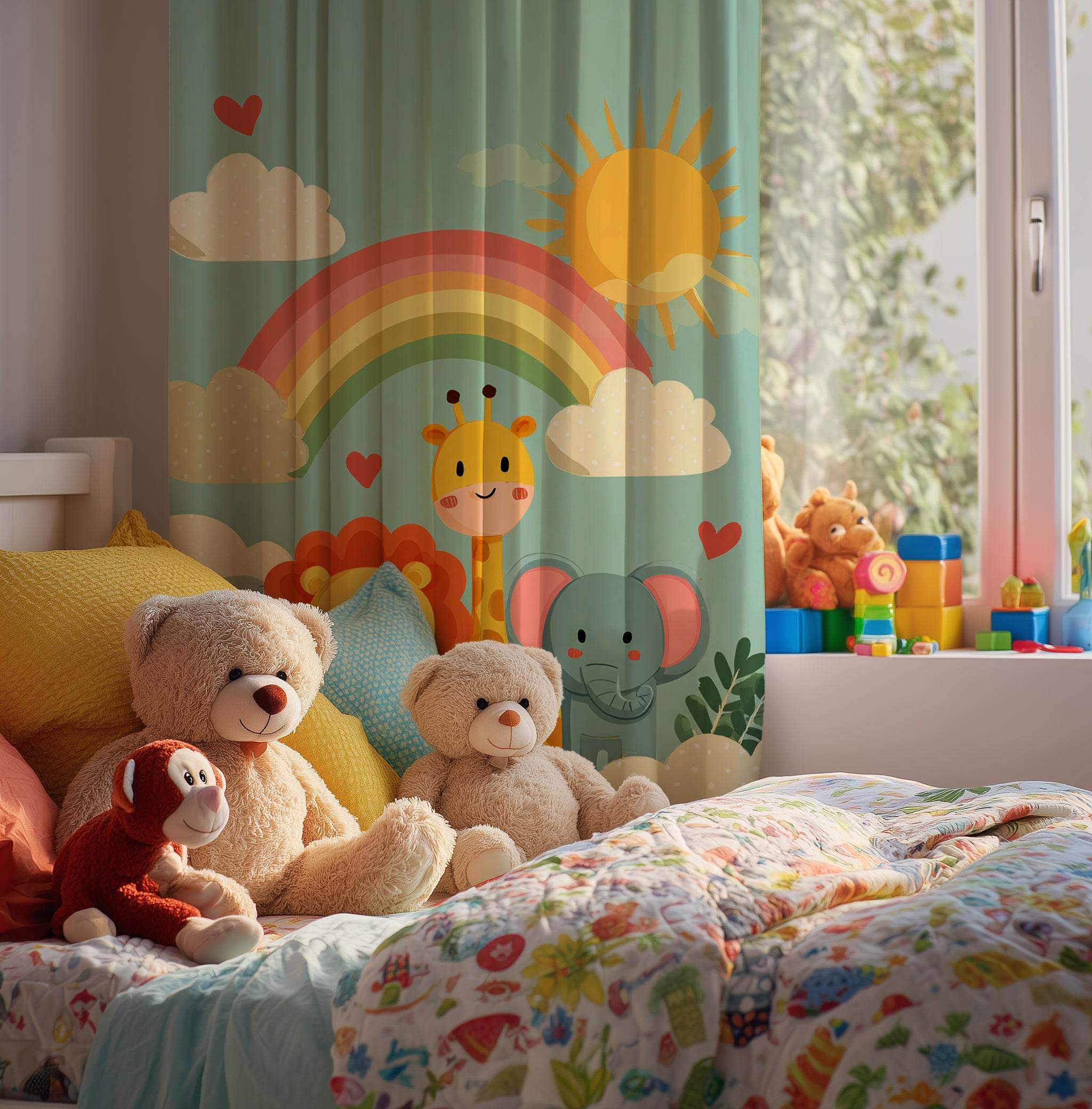 Playful Animal Window Curtain, Kid's Room Decor, Nursery Curtains, Rainbow Theme Drapes, Children's Bedroom Accessories - Home Decor -