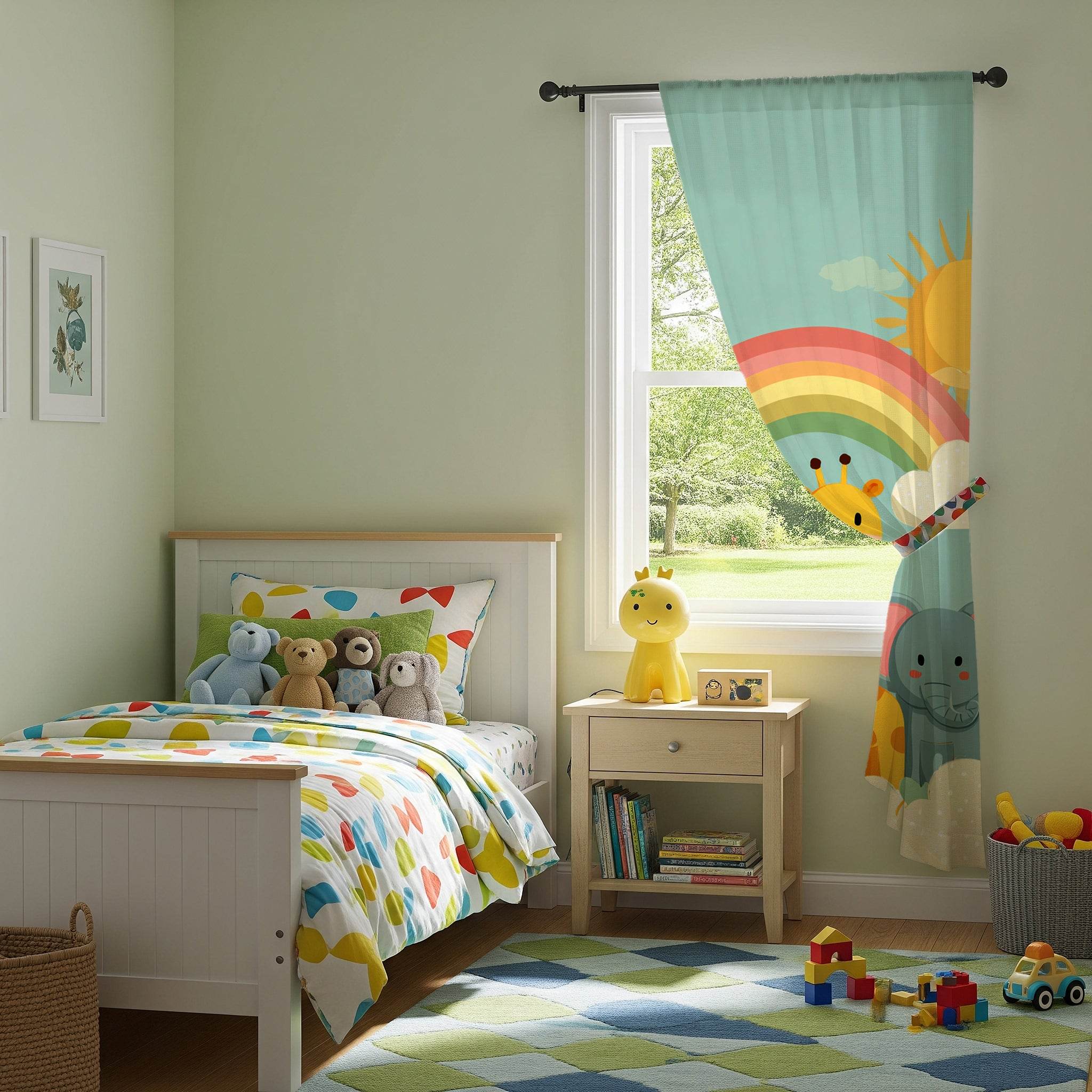 Playful Animal Window Curtain, Kid's Room Decor, Nursery Curtains, Rainbow Theme Drapes, Children's Bedroom Accessories - Home Decor -