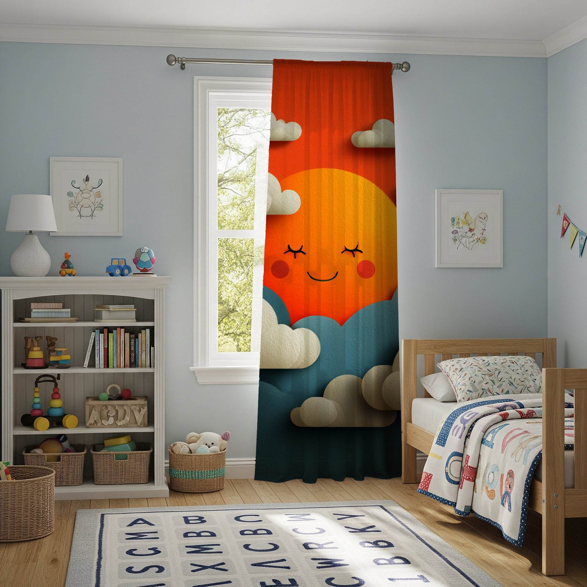 Cheerful Sun Themed Window Curtain, Playful Nursery Decor, Kids Room Accessories, Bright Home Decor, Sunny Day Vibe - Home Decor -