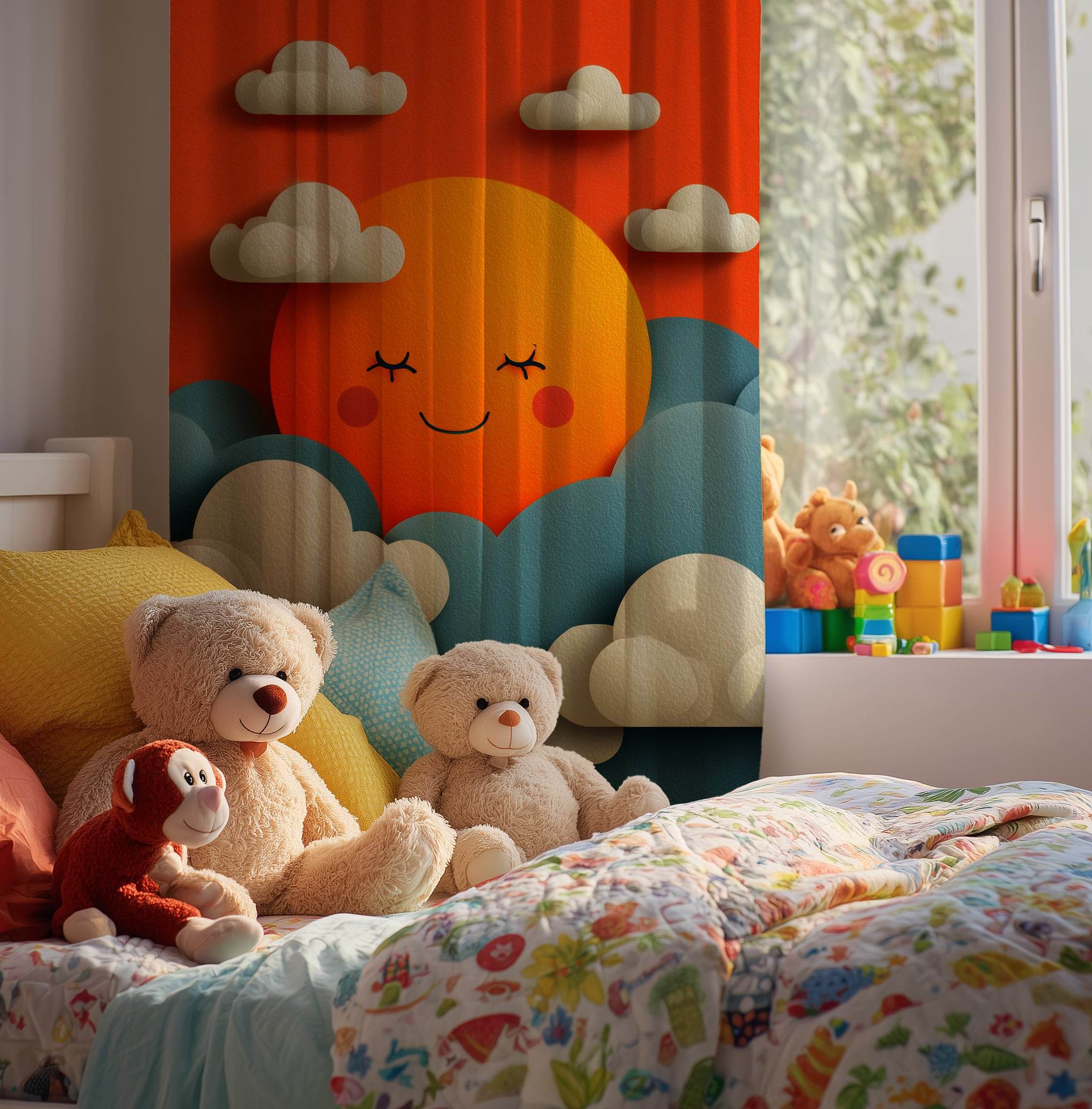 Cheerful Sun Themed Window Curtain, Playful Nursery Decor, Kids Room Accessories, Bright Home Decor, Sunny Day Vibe - Home Decor -