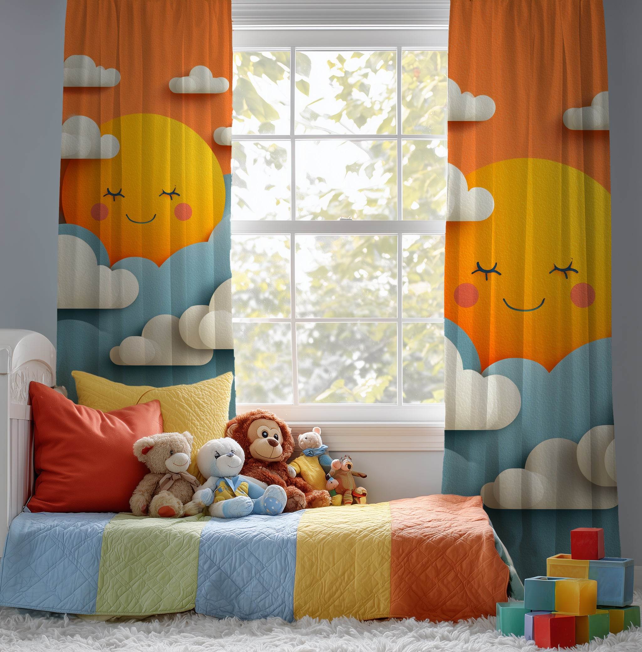 Cheerful Sun Themed Window Curtain, Playful Nursery Decor, Kids Room Accessories, Bright Home Decor, Sunny Day Vibe - Home Decor -
