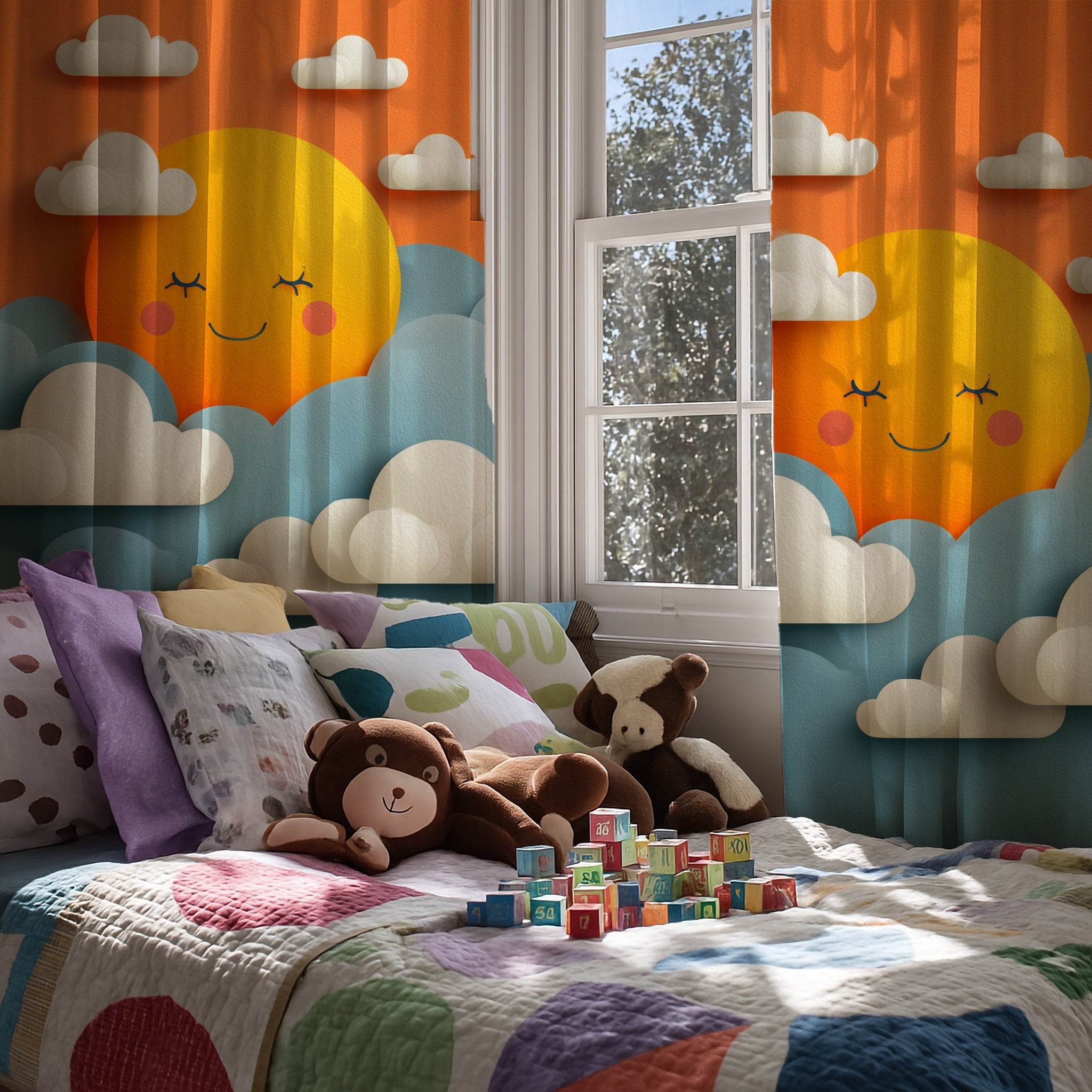 Cheerful Sun Themed Window Curtain, Playful Nursery Decor, Kids Room Accessories, Bright Home Decor, Sunny Day Vibe - Home Decor -