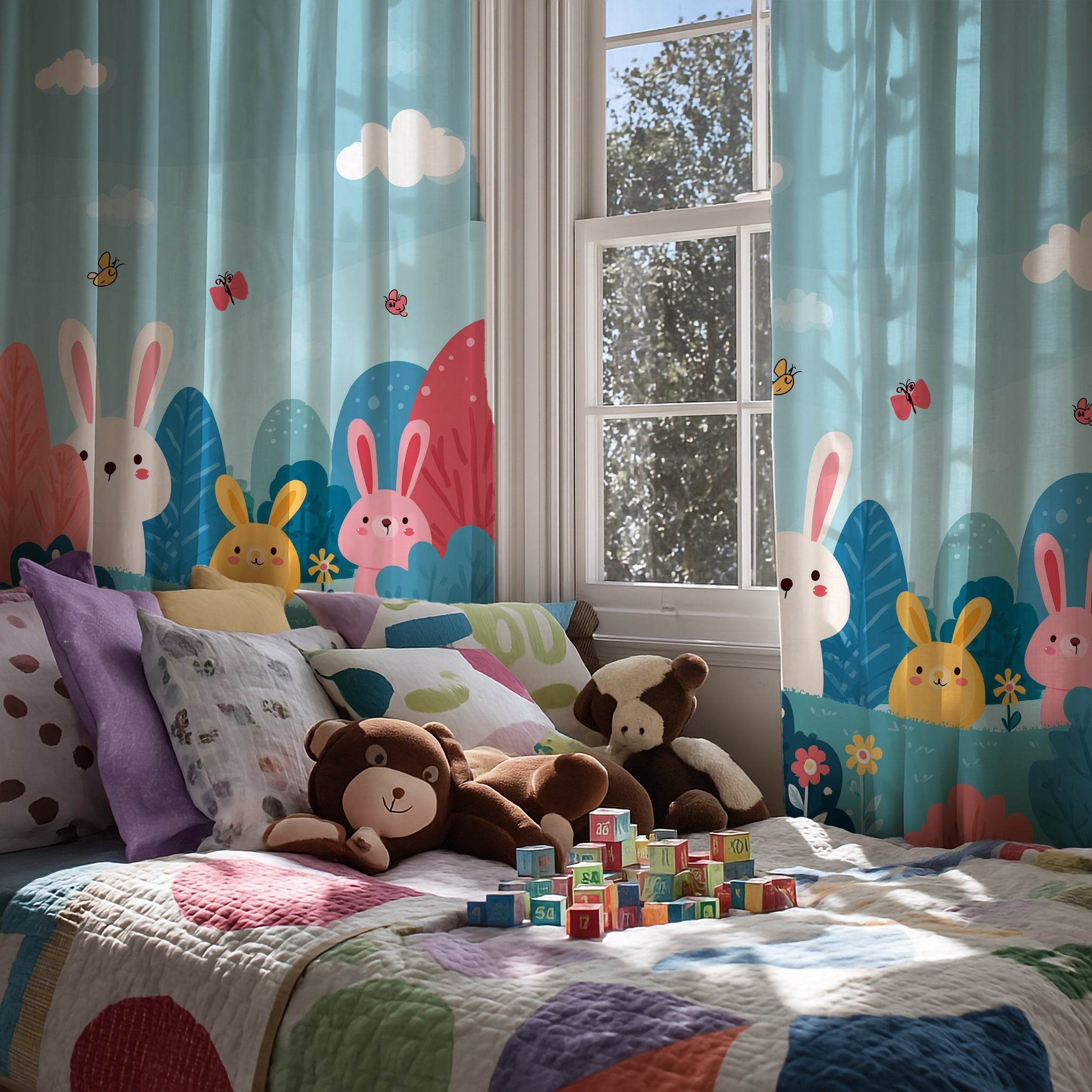 Whimsical Bunny Window Curtain, Cute Animal Decor, Kids Room Curtains, Spring Home Decor, Nursery Decoration, Playful Rabbit Theme - Home Decor -