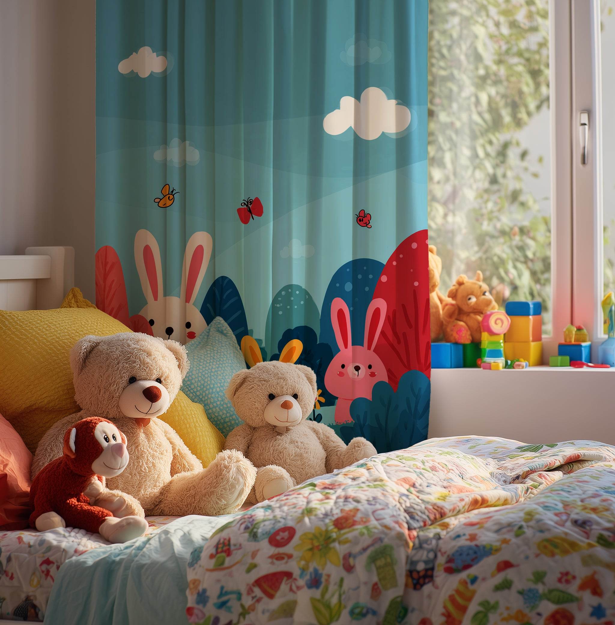 Whimsical Bunny Window Curtain, Cute Animal Decor, Kids Room Curtains, Spring Home Decor, Nursery Decoration, Playful Rabbit Theme - Home Decor -