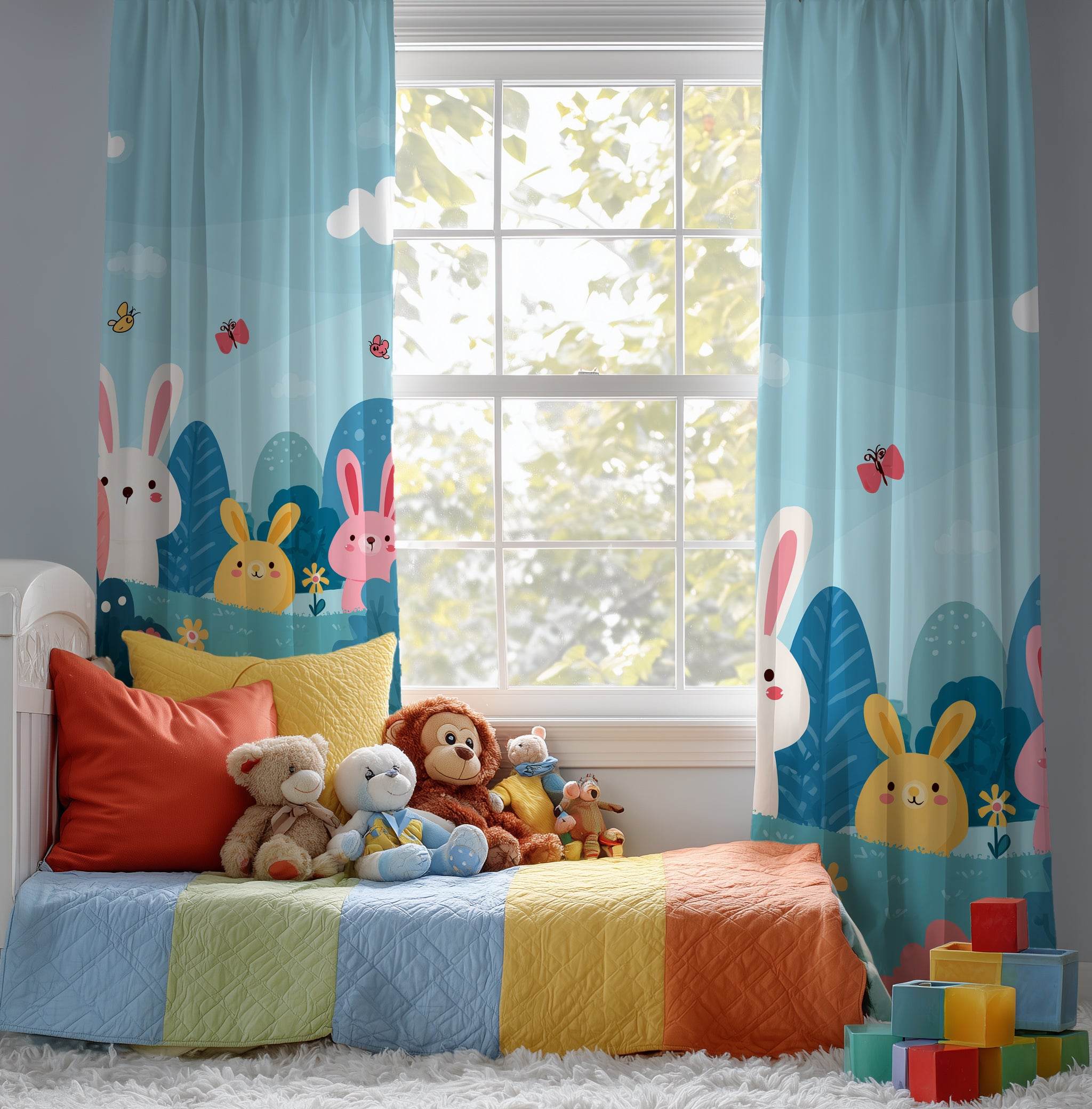 Whimsical Bunny Window Curtain, Cute Animal Decor, Kids Room Curtains, Spring Home Decor, Nursery Decoration, Playful Rabbit Theme - Home Decor -