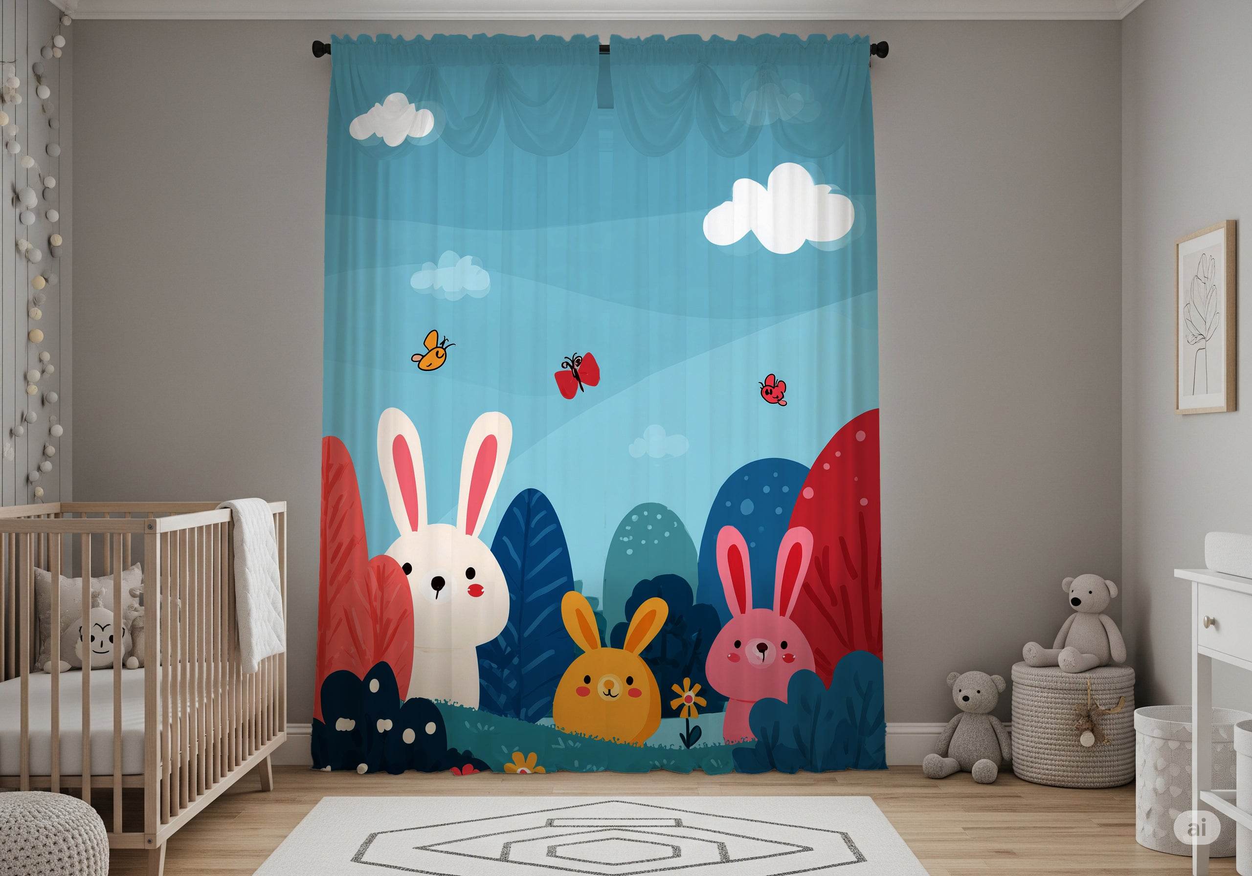 Whimsical Bunny Window Curtain, Cute Animal Decor, Kids Room Curtains, Spring Home Decor, Nursery Decoration, Playful Rabbit Theme - Home Decor -