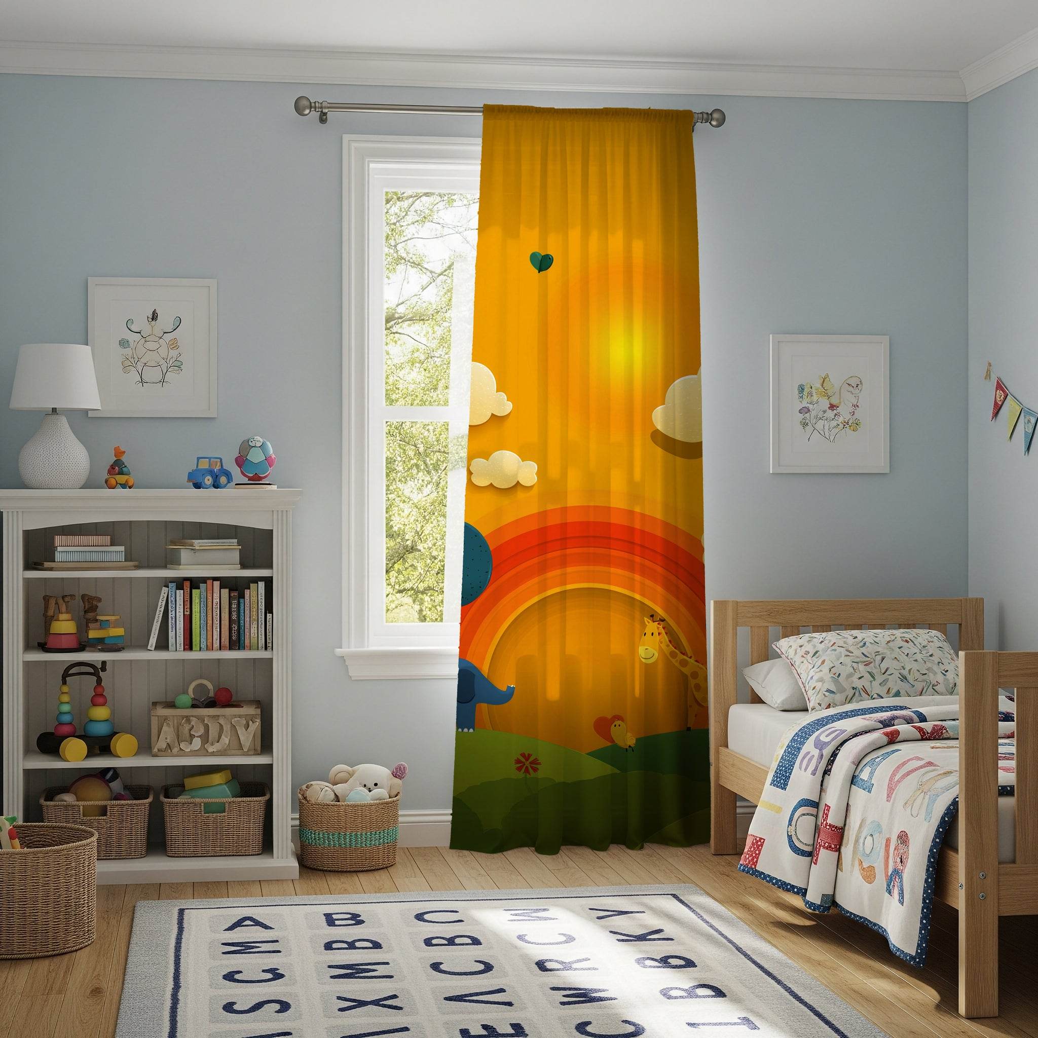 Whimsical Animal Window Curtain, Children's Room Decor, Playroom Curtain Panel, Rainbow Theme, Nursery Window Treatment - Home Decor -
