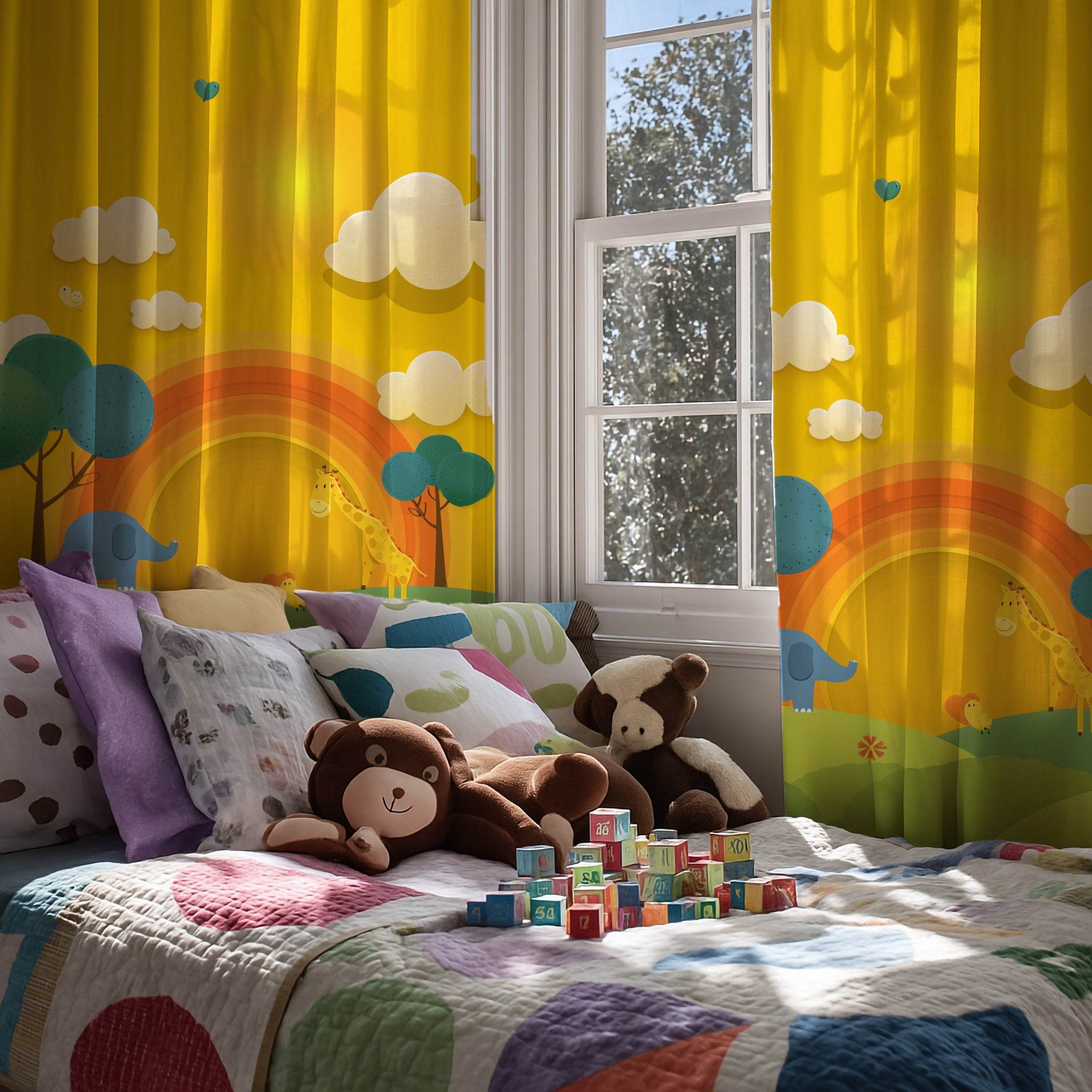 Whimsical Animal Window Curtain, Children's Room Decor, Playroom Curtain Panel, Rainbow Theme, Nursery Window Treatment - Home Decor -