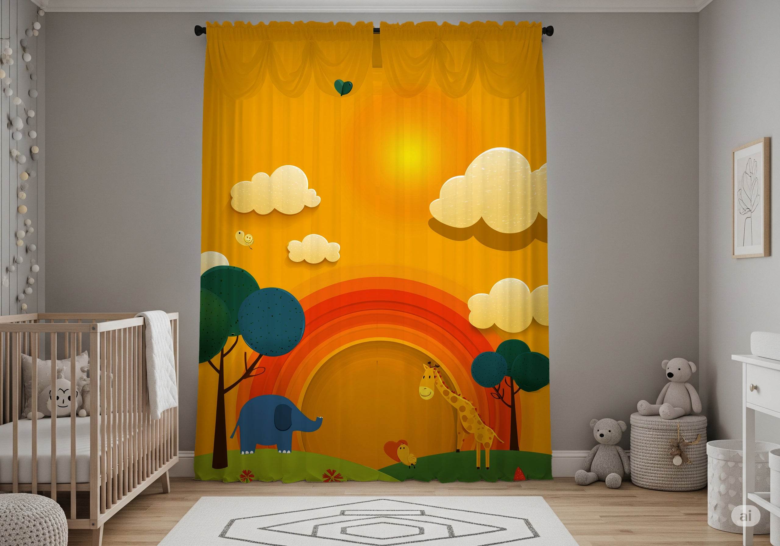 Whimsical Animal Window Curtain, Children's Room Decor, Playroom Curtain Panel, Rainbow Theme, Nursery Window Treatment - Home Decor -
