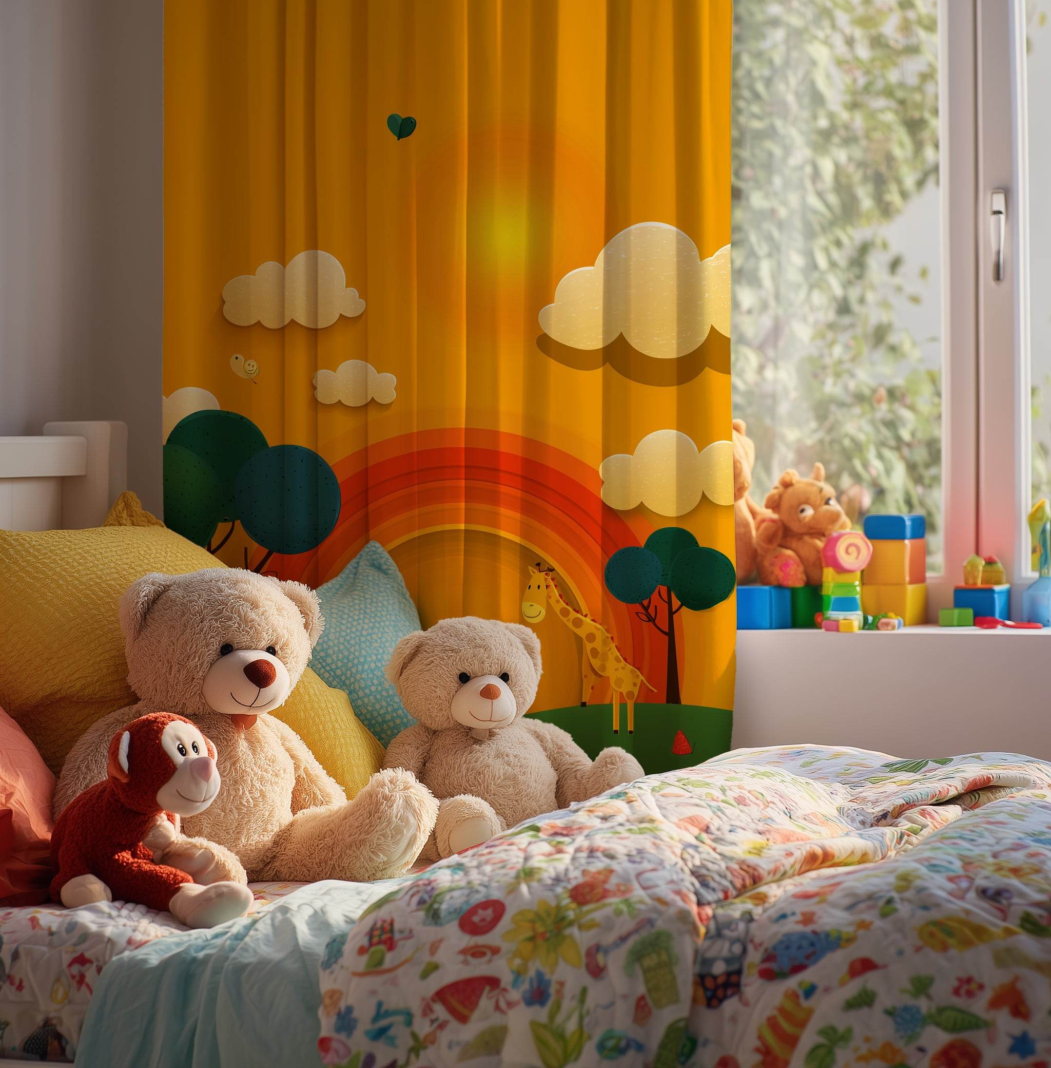 Whimsical Animal Window Curtain, Children's Room Decor, Playroom Curtain Panel, Rainbow Theme, Nursery Window Treatment - Home Decor -