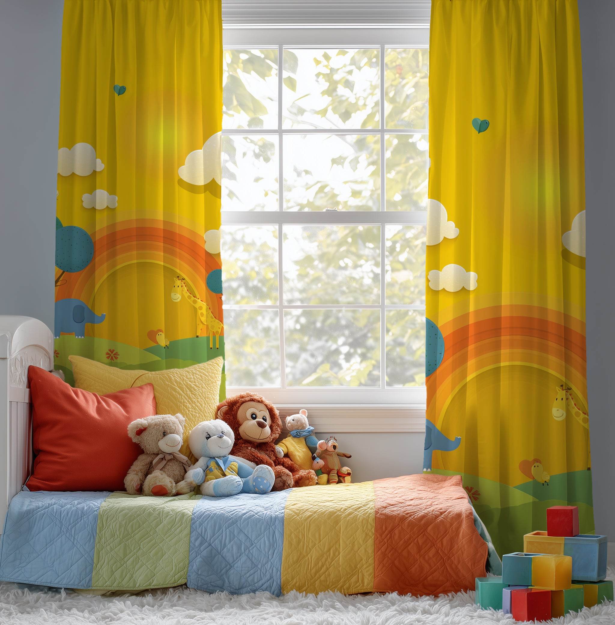 Whimsical Animal Window Curtain, Children's Room Decor, Playroom Curtain Panel, Rainbow Theme, Nursery Window Treatment - Home Decor -