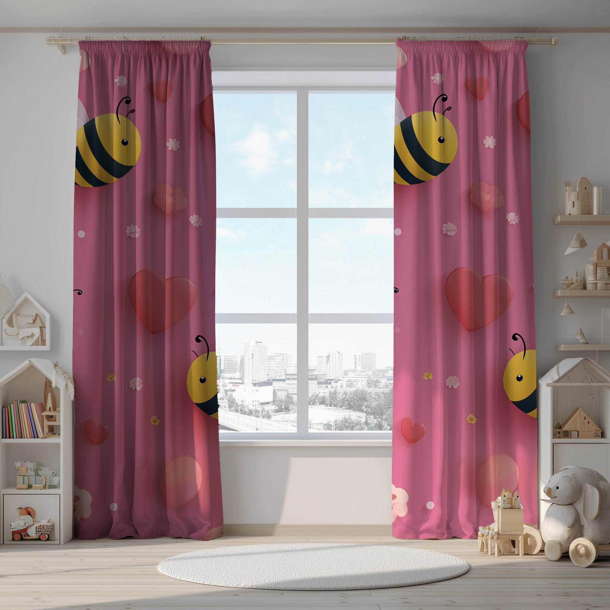 Cute Bee Pattern Window Curtain, Floral Decor, Spring Home Accents, Kid's Room Curtains, Bee Lover Gift, Valentine's Day Decor - Home Decor -