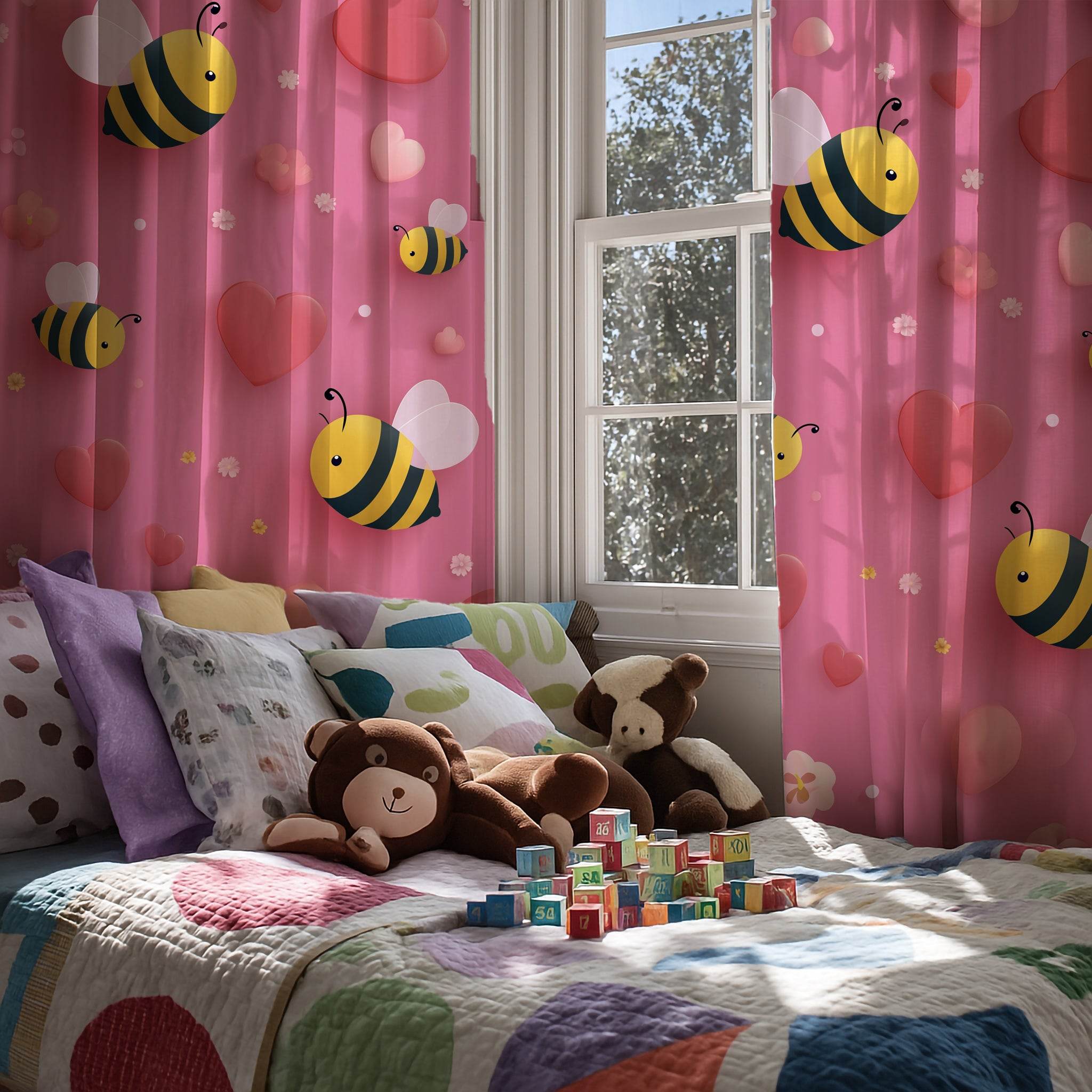 Cute Bee Pattern Window Curtain, Floral Decor, Spring Home Accents, Kid's Room Curtains, Bee Lover Gift, Valentine's Day Decor - Home Decor -