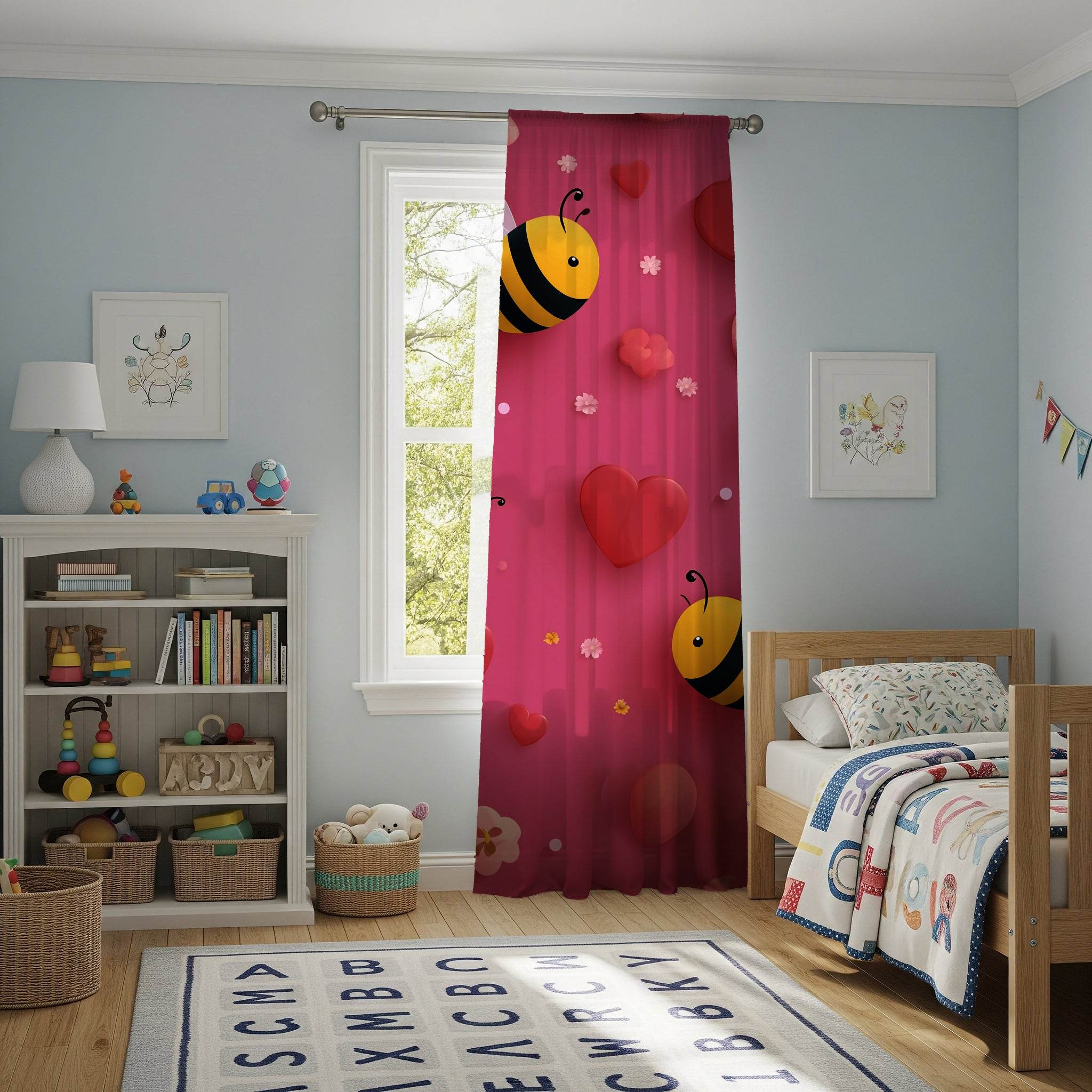 Cute Bee Pattern Window Curtain, Floral Decor, Spring Home Accents, Kid's Room Curtains, Bee Lover Gift, Valentine's Day Decor - Home Decor -