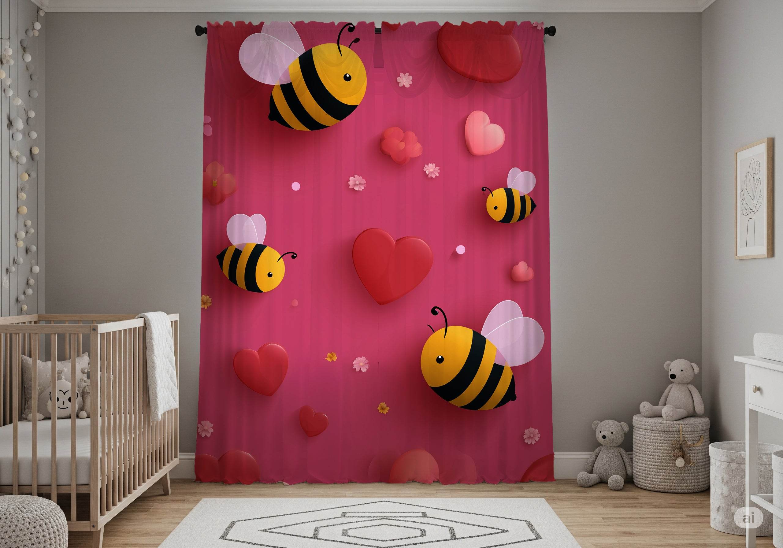 Cute Bee Pattern Window Curtain, Floral Decor, Spring Home Accents, Kid's Room Curtains, Bee Lover Gift, Valentine's Day Decor - Home Decor -