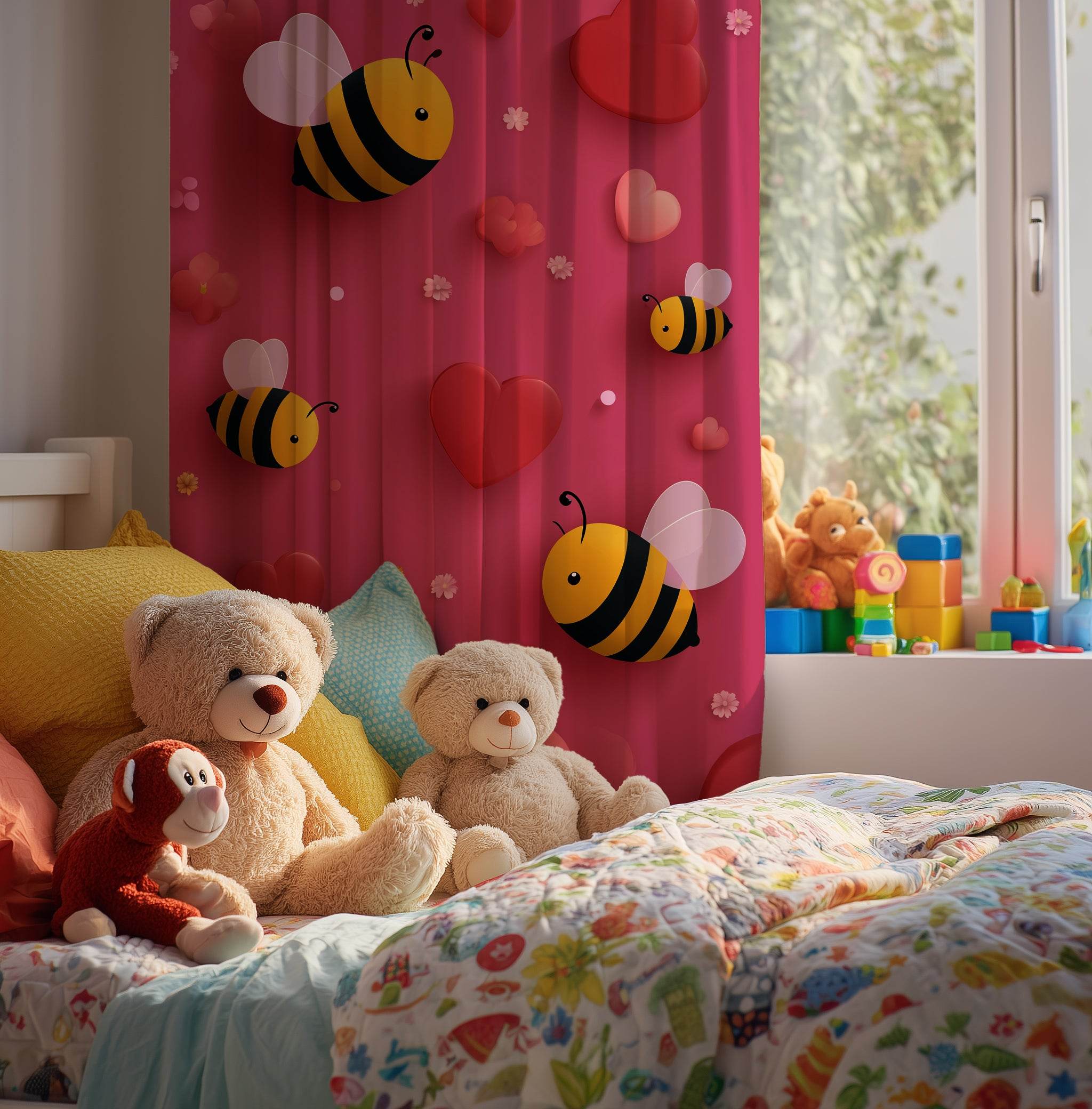 Cute Bee Pattern Window Curtain, Floral Decor, Spring Home Accents, Kid's Room Curtains, Bee Lover Gift, Valentine's Day Decor - Home Decor -
