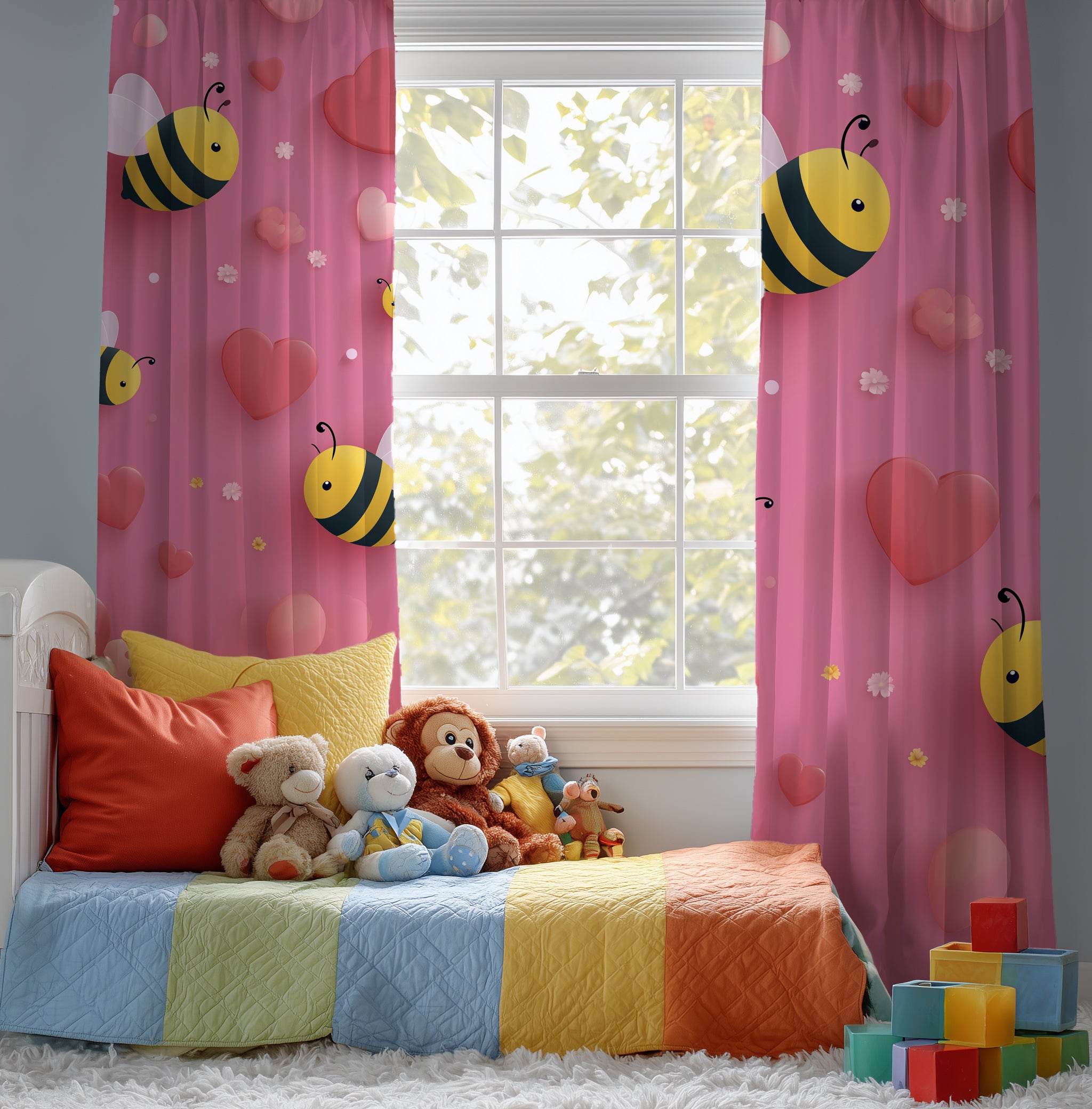 Cute Bee Pattern Window Curtain, Floral Decor, Spring Home Accents, Kid's Room Curtains, Bee Lover Gift, Valentine's Day Decor - Home Decor -