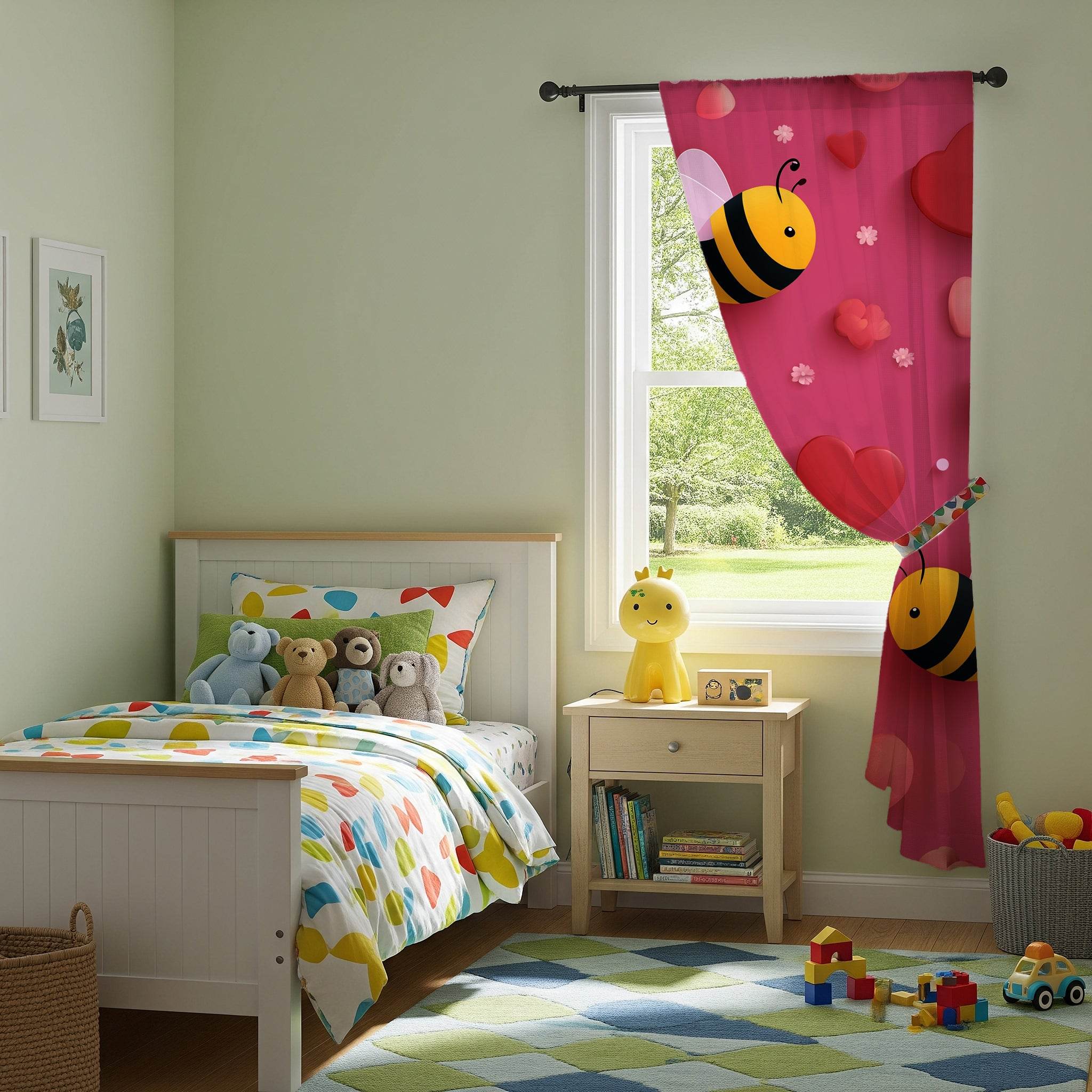 Cute Bee Pattern Window Curtain, Floral Decor, Spring Home Accents, Kid's Room Curtains, Bee Lover Gift, Valentine's Day Decor - Home Decor -
