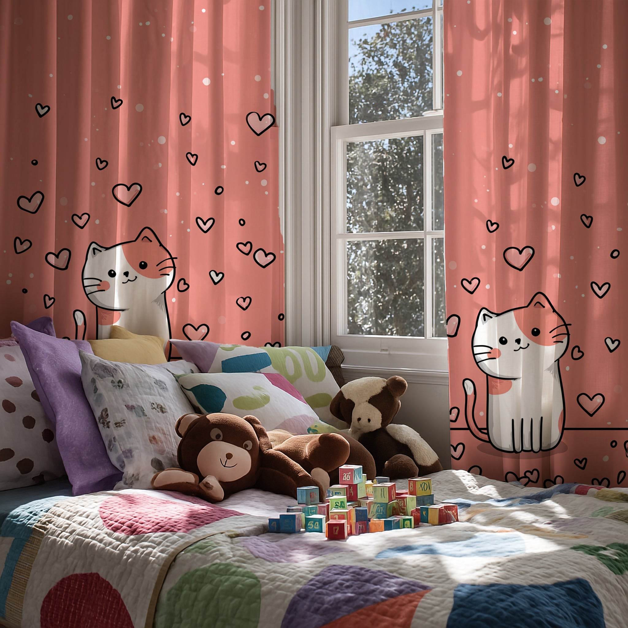 Cute Cat Love Window Curtain, Adorable Home Decor, Cat Lovers Gift, Cozy Living Space Accessory, Valentine's Day Decoration - Home Decor -