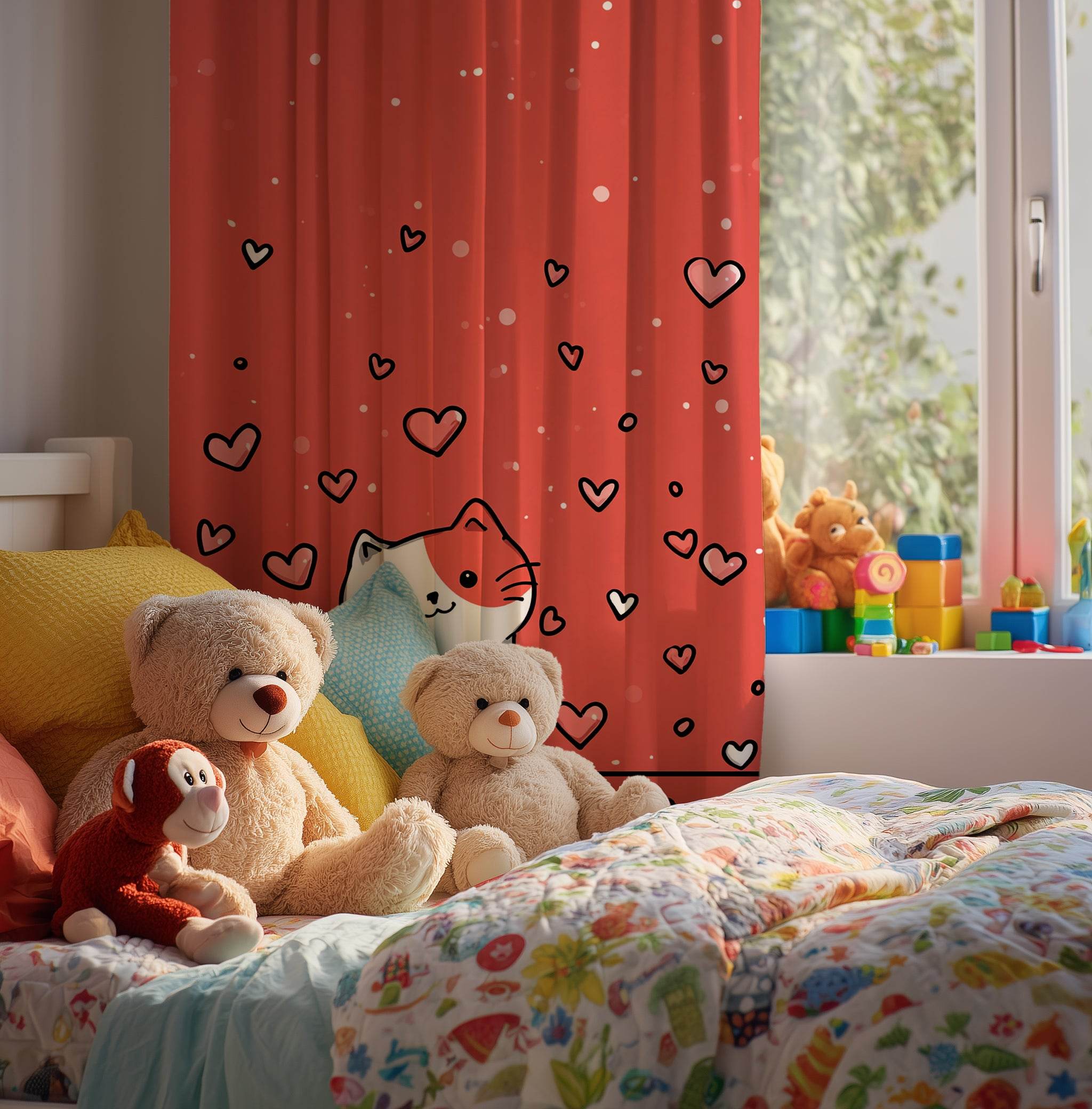 Cute Cat Love Window Curtain, Adorable Home Decor, Cat Lovers Gift, Cozy Living Space Accessory, Valentine's Day Decoration - Home Decor -