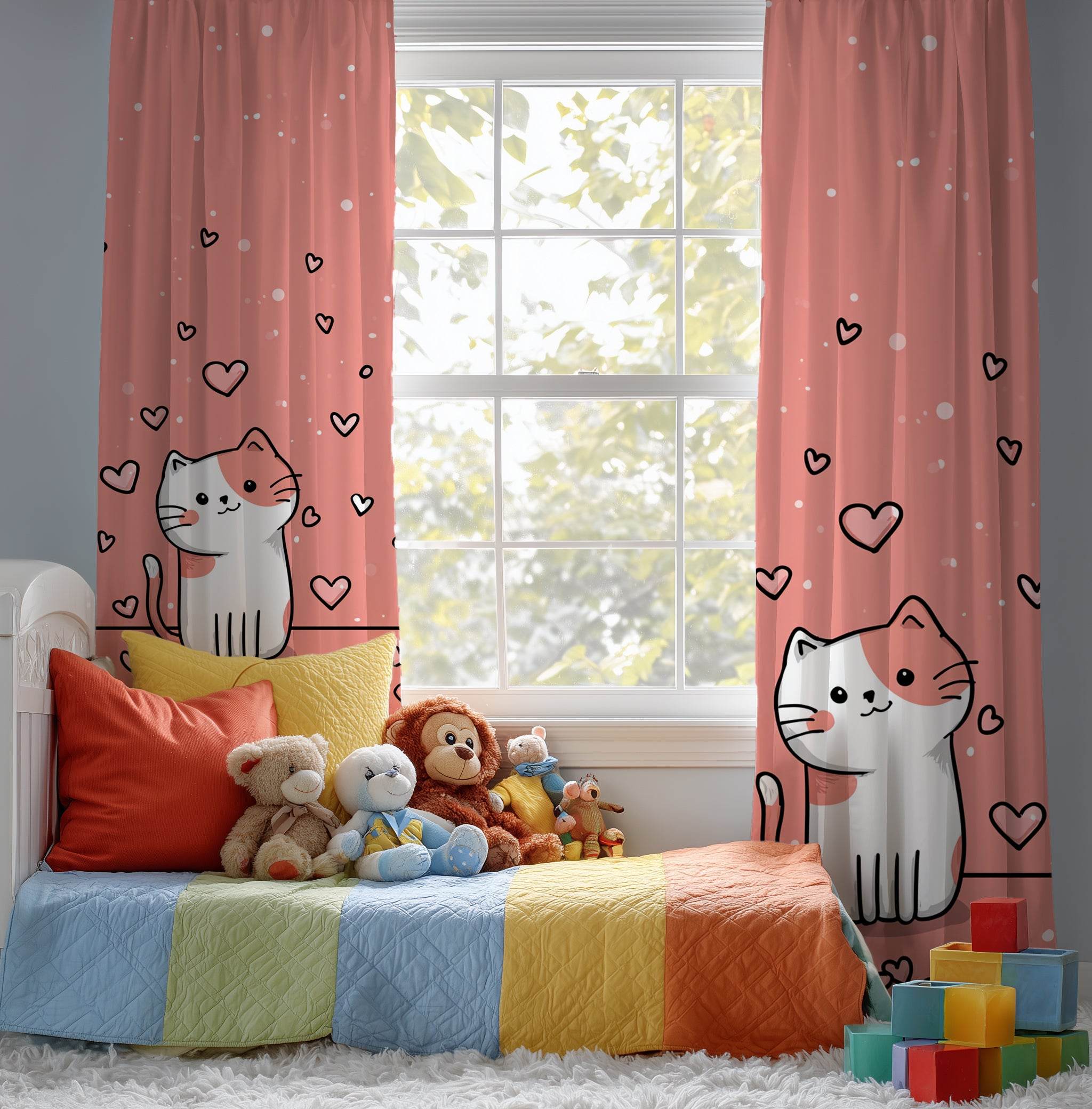 Cute Cat Love Window Curtain, Adorable Home Decor, Cat Lovers Gift, Cozy Living Space Accessory, Valentine's Day Decoration - Home Decor -