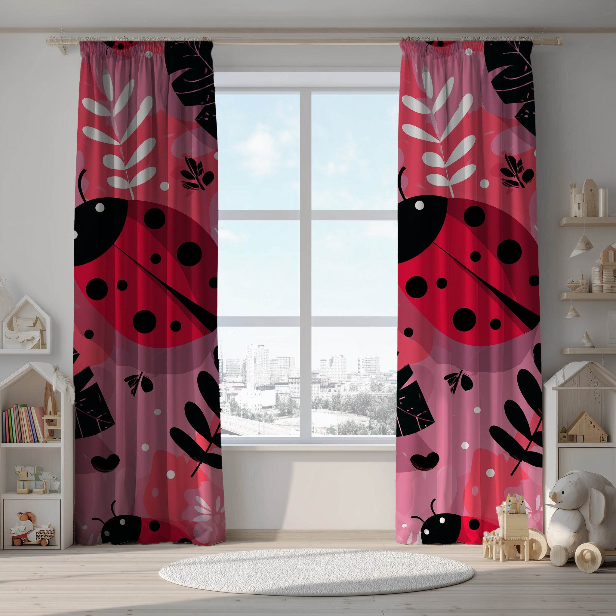 Colorful Ladybug Window Curtain, Botanical Decor, Kids Room, Home Decor, Spring/Summer Vibes, Room Decoration - Home Decor -