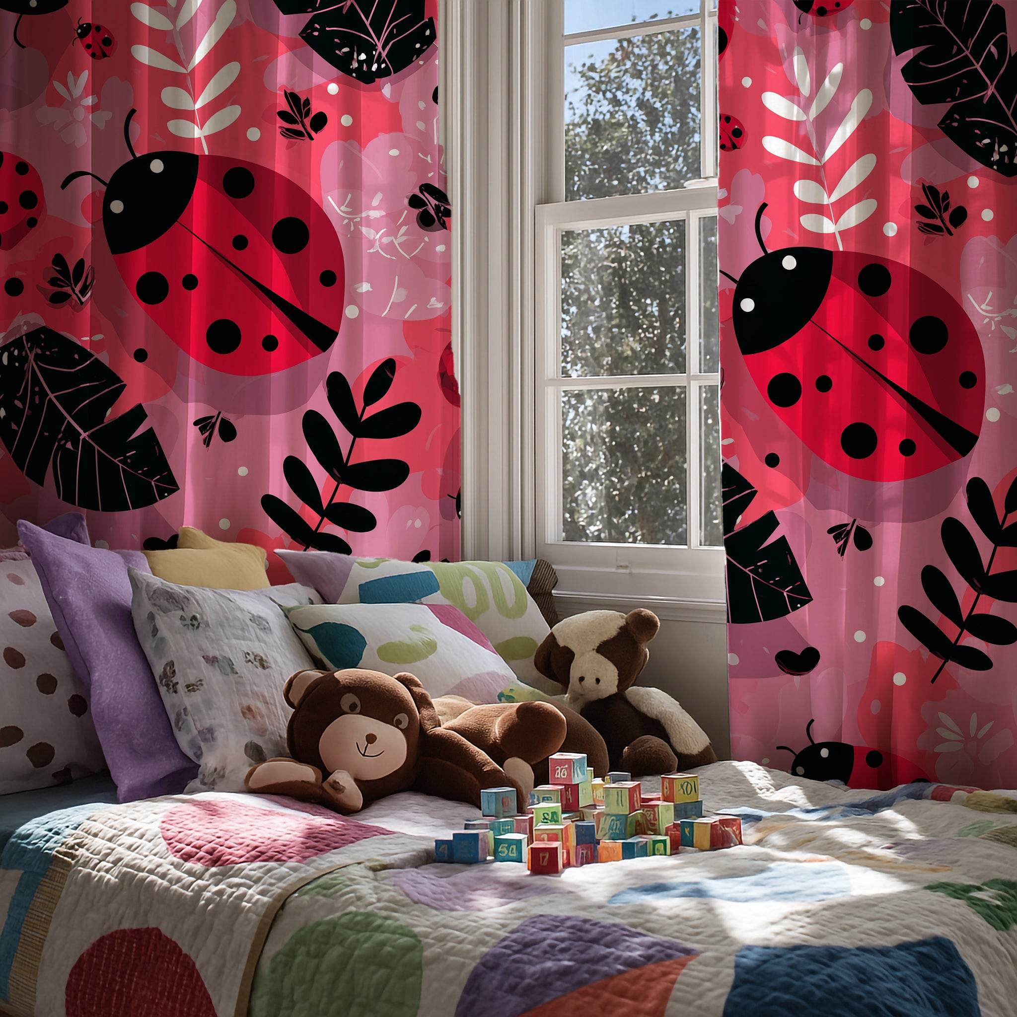 Colorful Ladybug Window Curtain, Botanical Decor, Kids Room, Home Decor, Spring/Summer Vibes, Room Decoration - Home Decor -