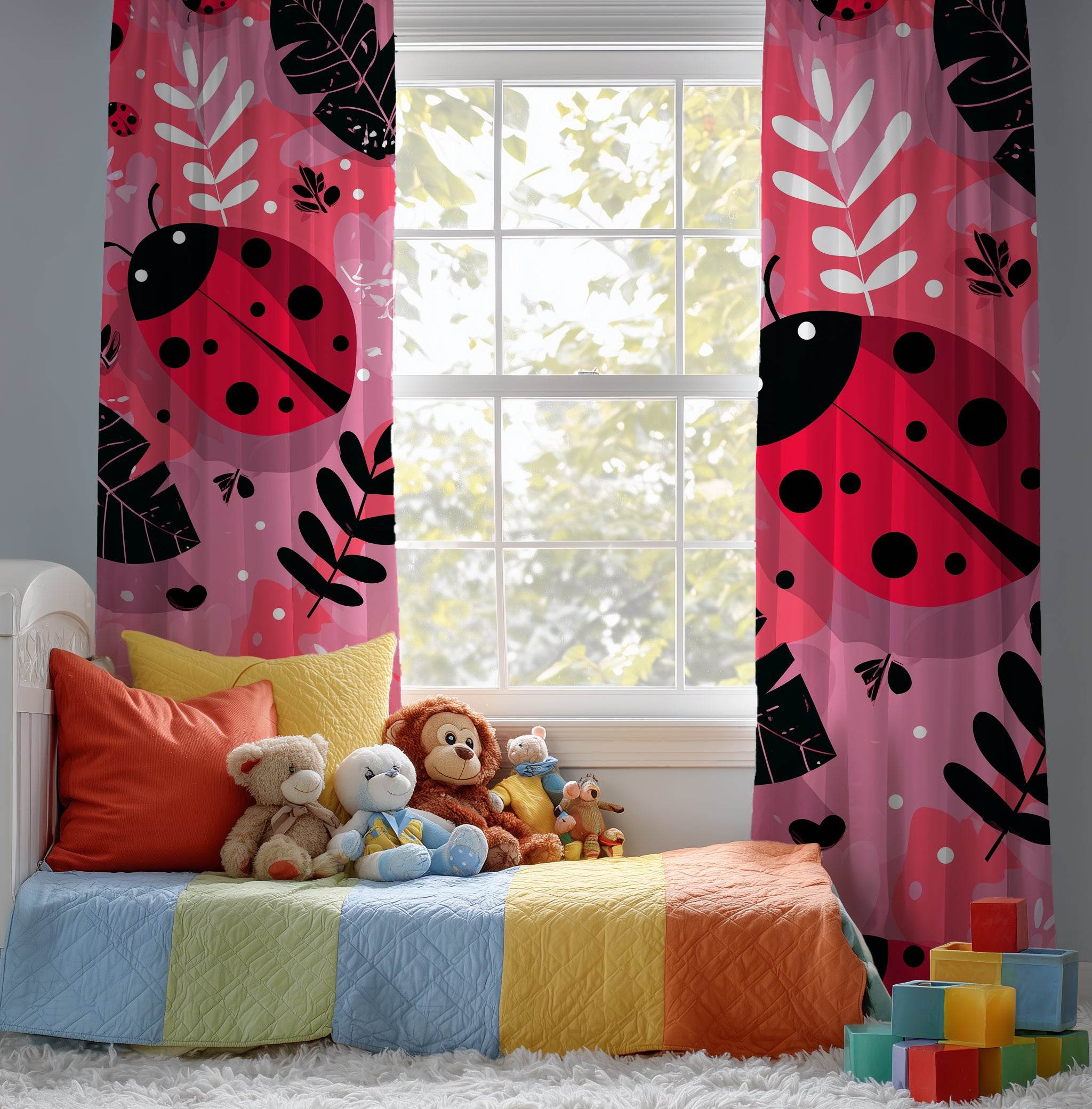 Colorful Ladybug Window Curtain, Botanical Decor, Kids Room, Home Decor, Spring/Summer Vibes, Room Decoration - Home Decor -